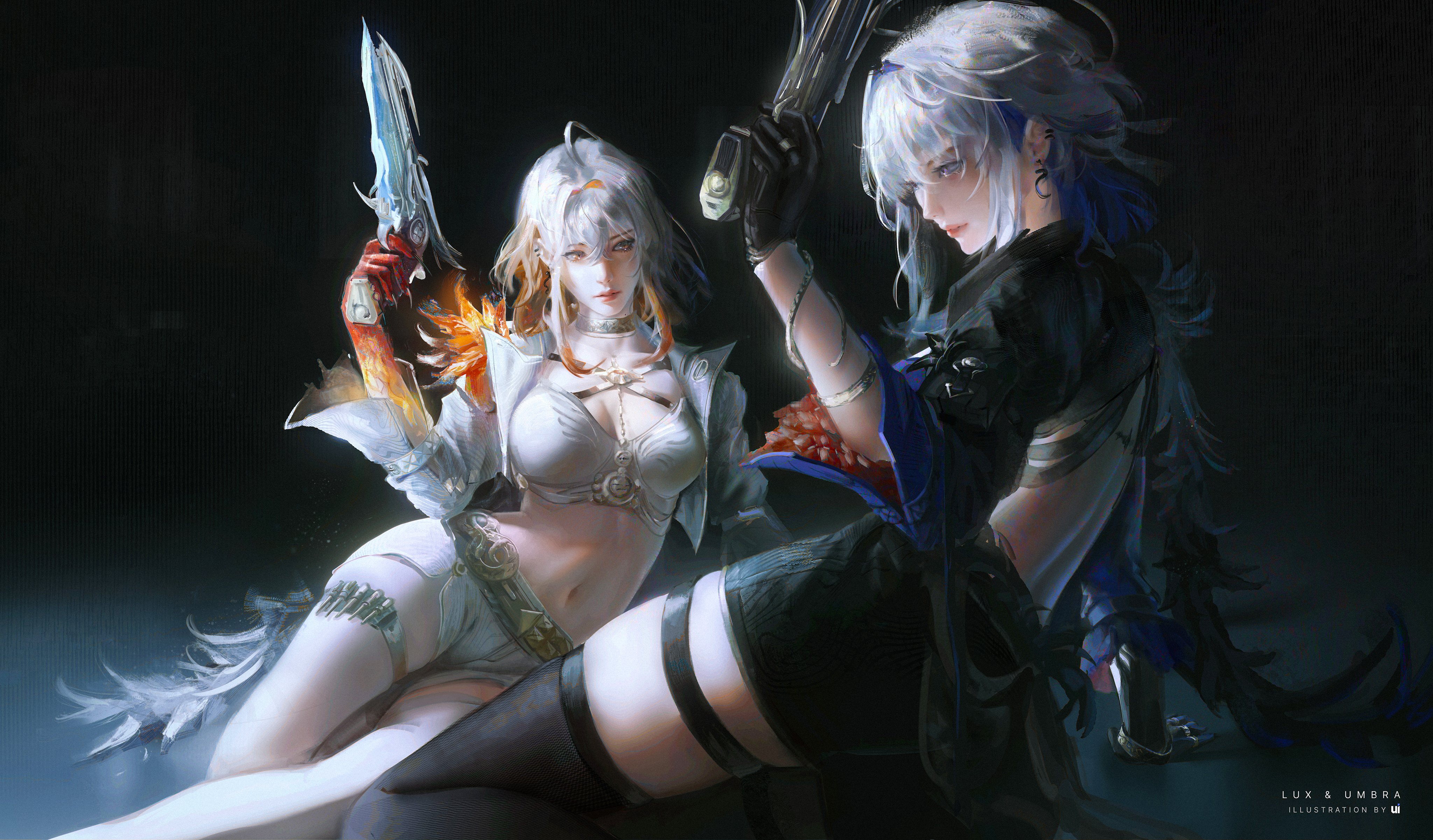 galbrena (wuthering waves), wuthering waves, absurdres, commentary, english commentary, highres, 2girls, arm support, artist name, black jacket, black pantyhose, black shorts, black wings, blue bra, blue hair, bra, breasts, colored inner hair, cropped jacket, dual persona, earrings, feathered wings, grey hair, gun, hair between eyes, hair intakes, hand up, holding, holding gun, holding weapon, jacket, jewelry, large breasts, medium hair, multicolored hair, multiple girls, navel, orange hair, pantyhose, parted lips, purple eyes, shorts, sidelocks, single wing, stomach, tacet mark (wuthering waves), thigh strap, thighs, ui uiiiiiiiii, underwear, weapon, white bra, white hair, white jacket, white pantyhose, white shorts, white wings, wings