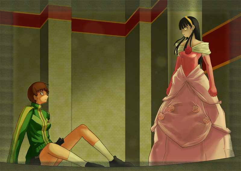 orendi, amagi yukiko, satonaka chie, shadow (persona), atlus, fate/stay night, fate (series), megami tensei, persona, persona 4, shin megami tensei, 2girls, are you my master, black hair, brown hair, dark persona, dress, jacket, multiple girls, parody, yellow eyes