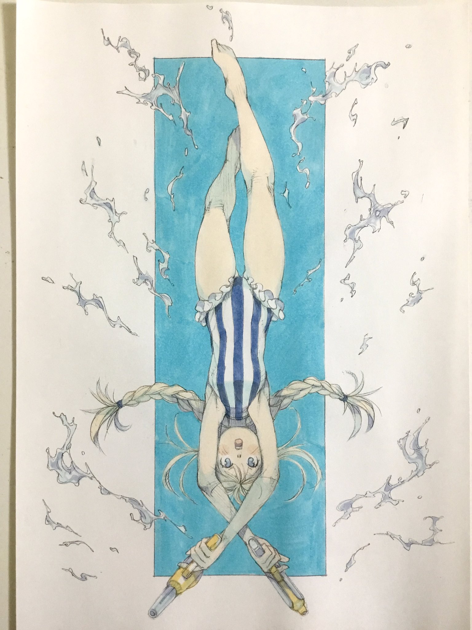 peter salt, original, commentary, highres, traditional media, 1girl, arms up, bare legs, barefoot, blonde hair, blue eyes, blue one-piece swimsuit, braid, crossed wrists, dual wielding, frilled one-piece swimsuit, frills, full body, holding, holding water gun, one-piece swimsuit, open mouth, solo, striped clothes, striped one-piece swimsuit, swimsuit, twin braids, twintails, upside-down, vertical-striped clothes, vertical-striped one-piece swimsuit, water, water gun