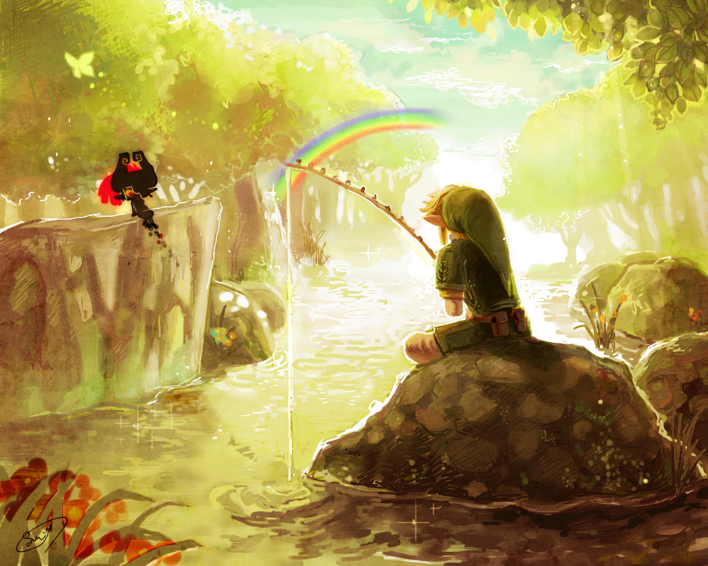 yumeshima sui, link, midna, nintendo, the legend of zelda, the legend of zelda: twilight princess, 1boy, 1girl, blonde hair, fishing, fishing rod, forest, hat, nature, pointy ears, rainbow, river, sitting, sunrise, water