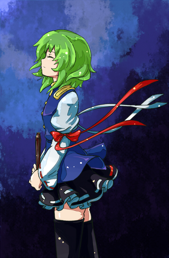 shibasaki shouji, shiki eiki, touhou, bad id, bad pixiv id, 1girl, black thighhighs, blue background, closed eyes, female focus, green hair, no headwear, profile, short hair, skirt, solo, thighhighs, wind, zettai ryouiki