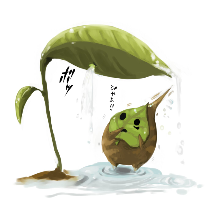 uzaki (jiro), zuro, korok, makar, nintendo, the legend of zelda, the legend of zelda: the wind waker, bad id, bad pixiv id, black eyes, chibi, deku sprout, mask, no humans, plant, scared, wet