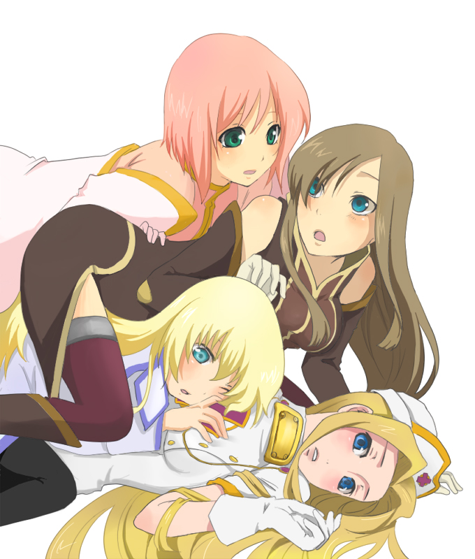 chan mage, colette brunel, estellise sidos heurassein, mint adenade, tear grants, tales of (series), tales of phantasia, tales of symphonia, tales of the abyss, tales of vesperia, bad id, bad pixiv id, 00s, 4girls, blonde hair, blue eyes, breasts, brown hair, creator connection, crossover, gloves, grabbing another's breast, green eyes, groping, hair intakes, hat, in-franchise crossover, long hair, multiple girls, pink hair, power connection, short hair, thighhighs, trait connection