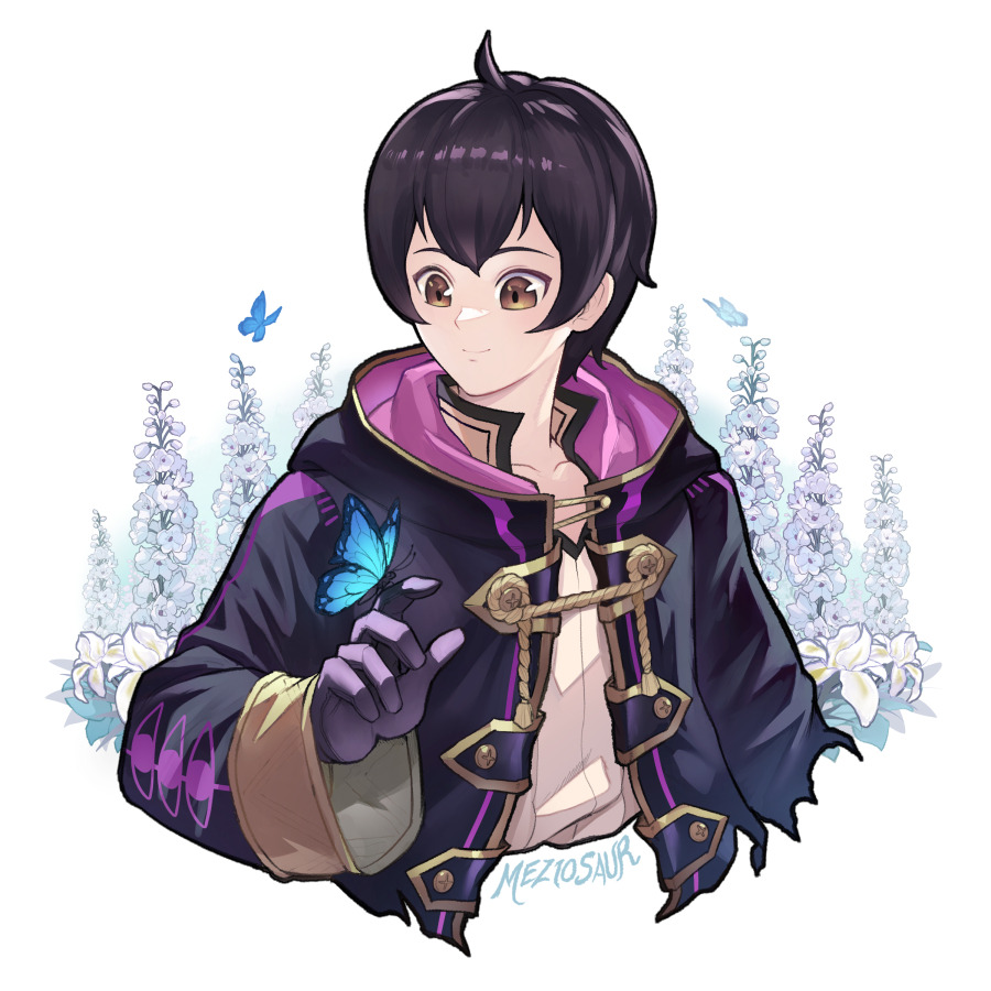 meziosaur, male morgan (fire emblem), fire emblem, fire emblem awakening, nintendo, 1boy, ahoge, black hair, black robe, brown eyes, bug, butterfly, butterfly on hand, closed mouth, collarbone, cropped torso, hooded robe, insect, long sleeves, male focus, robe, shirt, short hair, simple background, smile, solo, white background, white shirt