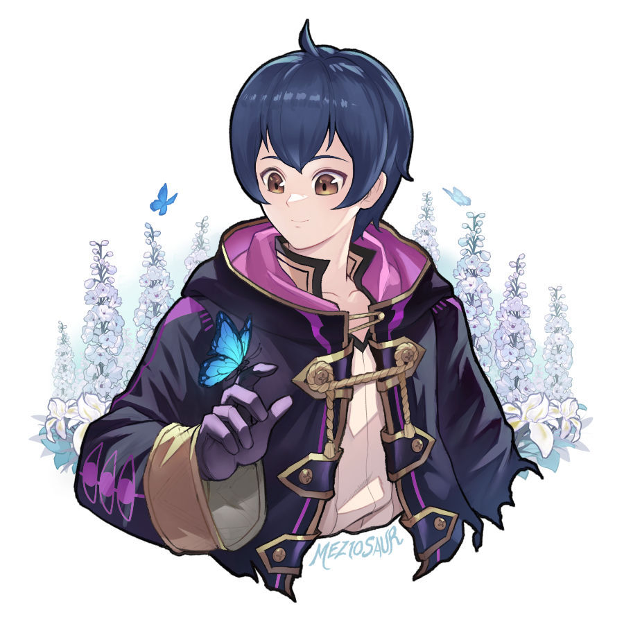 meziosaur, male morgan (fire emblem), fire emblem, fire emblem awakening, nintendo, second-party source, 1boy, ahoge, black robe, blue hair, brown eyes, bug, butterfly, butterfly on hand, closed mouth, collarbone, cropped torso, hooded robe, insect, long sleeves, male focus, robe, shirt, short hair, simple background, smile, solo, white background, white shirt