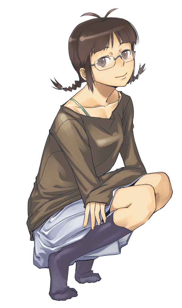 inu (aerodog), akizuki ritsuko, idolmaster, idolmaster (classic), 00s, 1girl, braid, brown hair, female focus, full body, glasses, short hair, simple background, skirt, smile, socks, solo, squatting, sweater, twin braids, white background