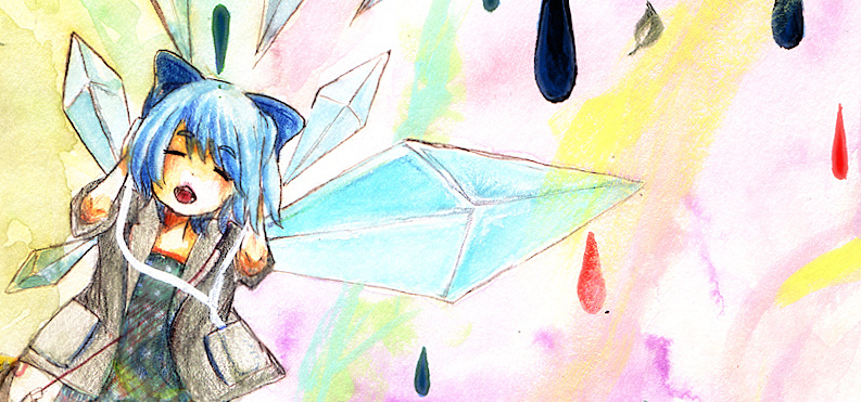 aone, aone/yamase mimu, cirno, touhou, acrylic paint (medium), colored pencil (medium), painting (medium), traditional media, watercolor (medium), 1girl, alternate costume, blue hair, casual, closed eyes, contemporary, earphones, female focus, ribbon, solo