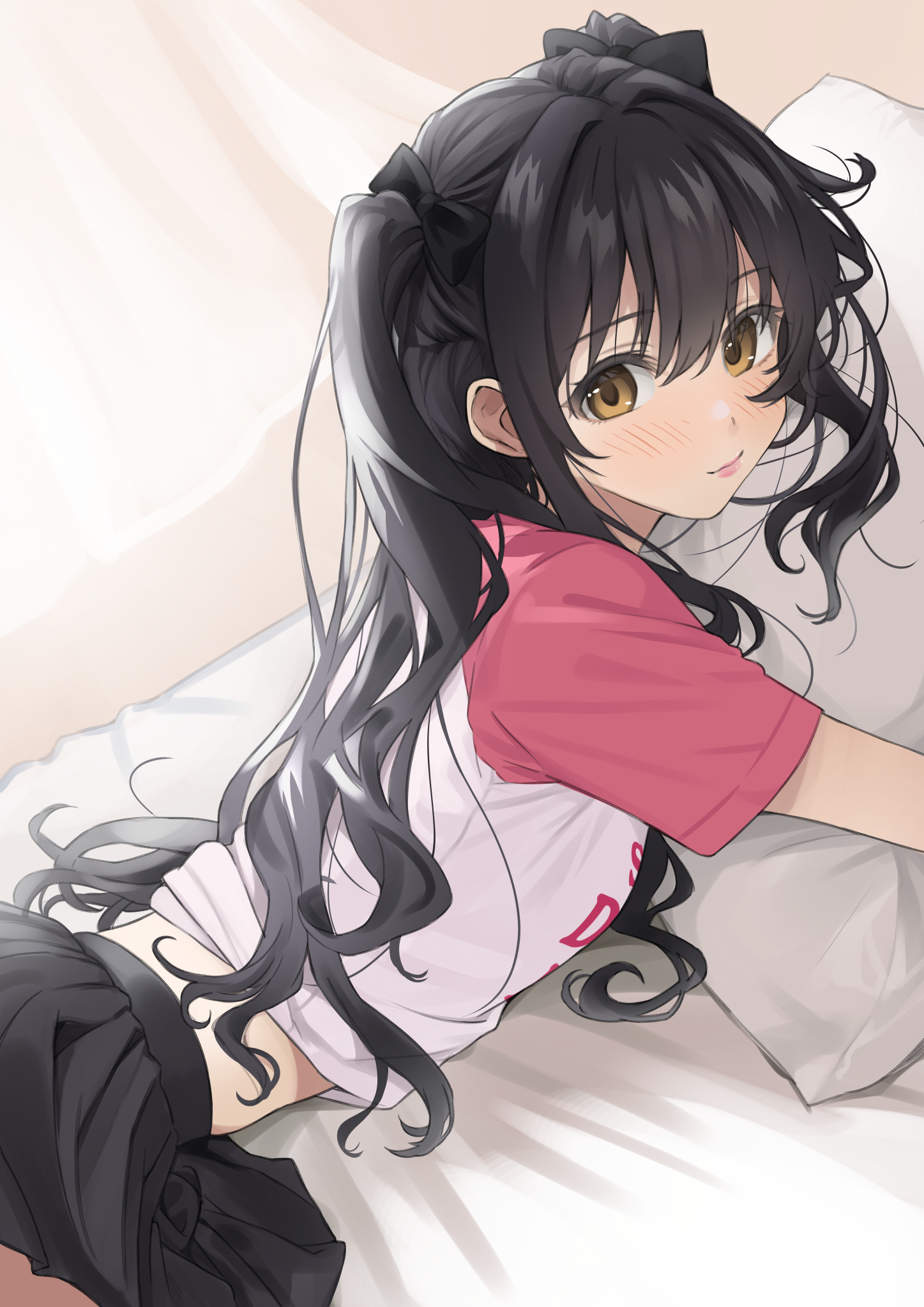 yoropa, original, highres, 1girl, black hair, blush, breasts, brown eyes, hugging object, long hair, looking at viewer, lying, on bed, on stomach, pillow, pillow hug, pleated skirt, skirt, small breasts, smile, solo, sunlight, two side up