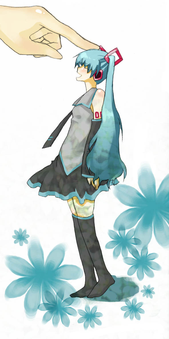 hatsune miku, vocaloid, tagme, aqua hair, closed eyes, detached sleeves, long hair, mini person, minigirl, necktie, open mouth, thighhighs, twintails, very long hair