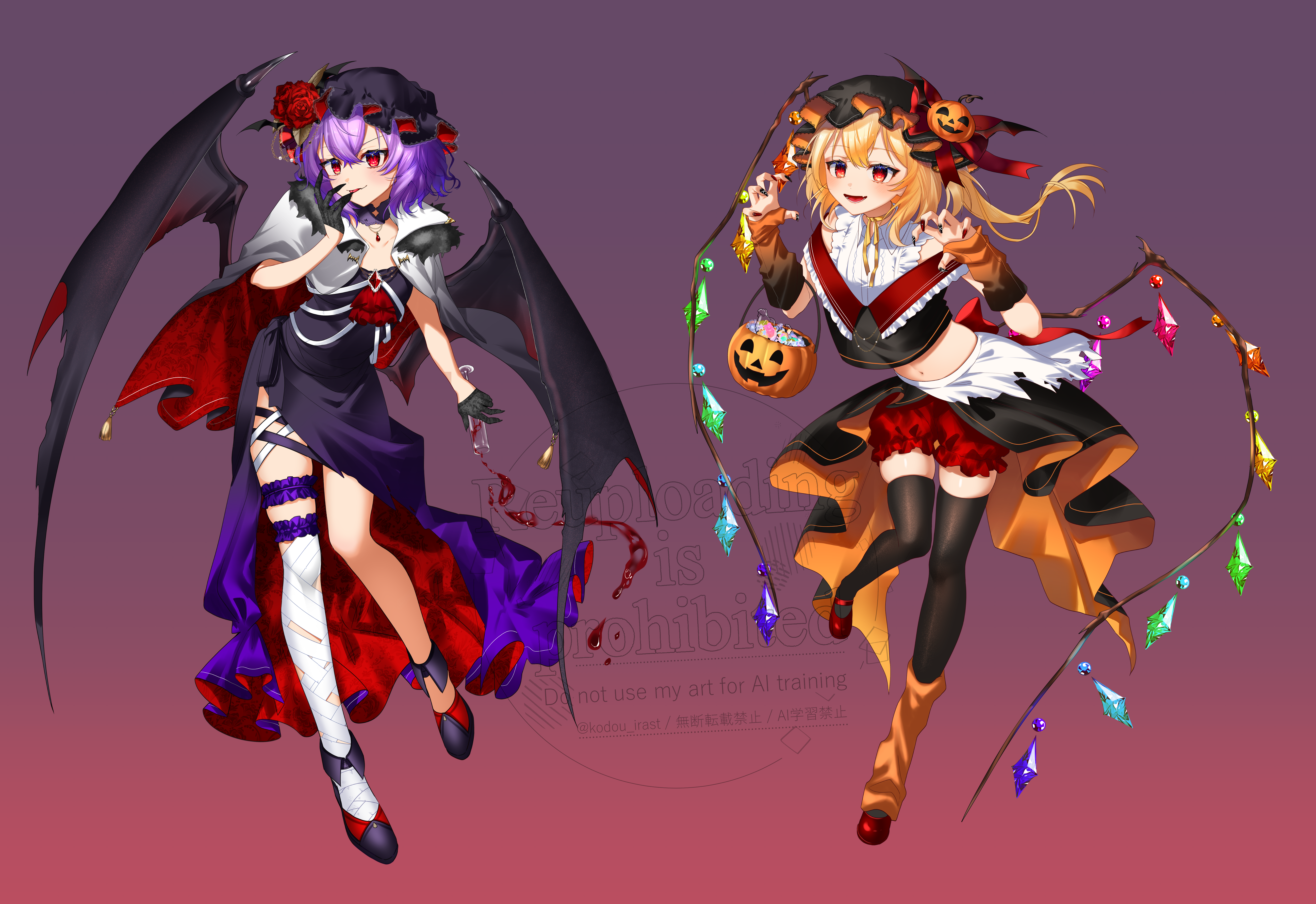 kodouirasto, flandre scarlet, remilia scarlet, touhou, absurdres, clothing request, commentary, commentary request, english commentary, highres, mixed-language commentary, 2girls, alternate costume, alternate headwear color, bandaged leg, bandages, black arm warmers, black cape, black dress, black gloves, black hat, black nails, black thighhighs, blonde hair, blood, bloomers, candy, cape, choker, claw pose, crystal, crystal wings, cup, dress, fingernails, flower, food, frilled thigh strap, full body, gloves, gradient arm warmers, gradient background, gradient cape, gradient clothes, gradient dress, half gloves, halloween, halloween costume, hat, hat flower, high-low dress, holding, holding cup, jack-o'-lantern, jack-o'-lantern hat ornament, leg warmers, long fingernails, looking at viewer, midriff, mob cap, multicolored wings, multiple girls, navel, open mouth, orange arm warmers, orange leg warmers, purple dress, purple shoes, red bloomers, red cape, red eyes, red flower, red nails, red rose, ribbon, ribbon choker, rose, shoes, single leg warmer, smile, tassel, thigh strap, thighhighs, torn clothes, two-sided cape, two-sided fabric, underwear, watermark, white cape, wings, yellow ribbon