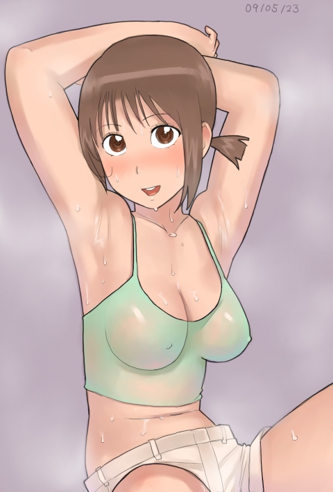 zenkou, hinako (issho ni training), issho ni training, 00s, 10s, 1girl, armpits, blush, breasts, brown eyes, brown hair, camisole, cleavage, covered erect nipples, female focus, large breasts, midriff, short hair, shorts, smell, solo, sweat, tank top