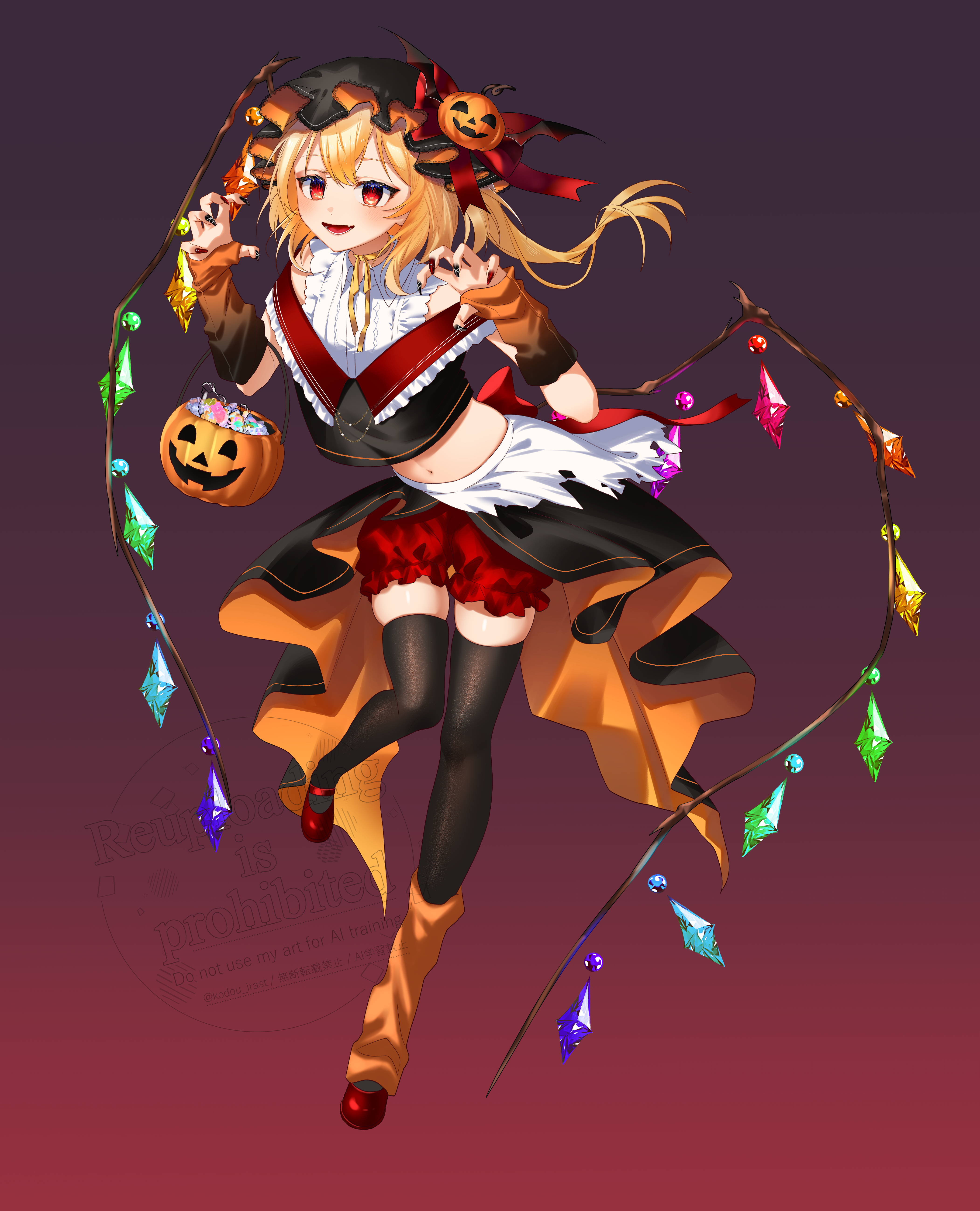kodouirasto, flandre scarlet, touhou, absurdres, clothing request, commentary, commentary request, english commentary, highres, mixed-language commentary, 1girl, alternate costume, alternate headwear color, black arm warmers, black hat, black nails, black thighhighs, blonde hair, bloomers, candy, choker, claw pose, crystal, crystal wings, fingernails, food, full body, gradient arm warmers, gradient background, gradient clothes, halloween, halloween costume, hat, jack-o'-lantern, jack-o'-lantern hat ornament, leg warmers, long fingernails, looking at viewer, midriff, mob cap, multicolored wings, navel, open mouth, orange arm warmers, orange leg warmers, red bloomers, red eyes, red nails, ribbon, ribbon choker, single leg warmer, smile, solo, thighhighs, torn clothes, underwear, watermark, wings, yellow ribbon