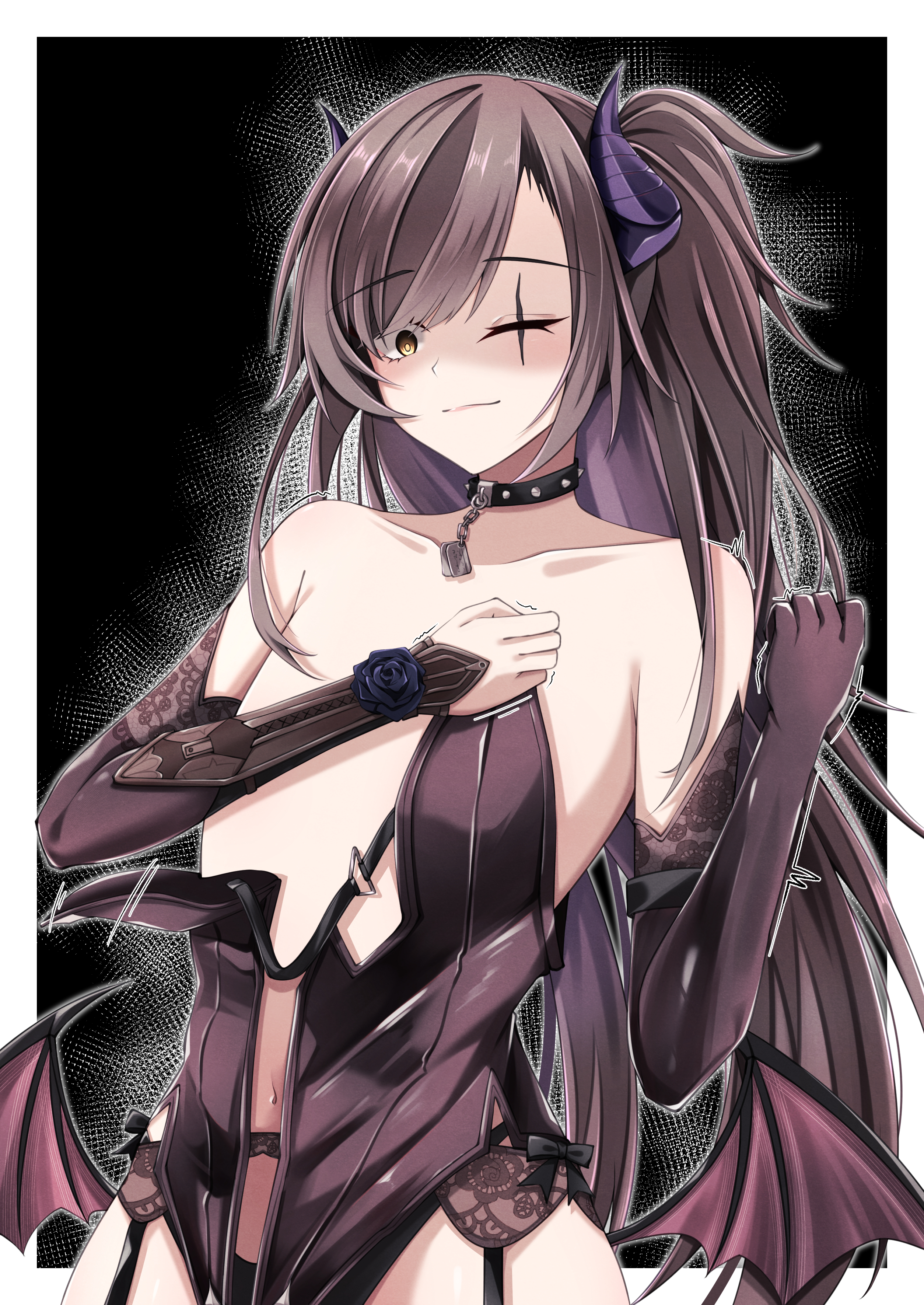 kamiya (kamiya19930330), ump45 (girls' frontline), girls' frontline, absurdres, highres, 1girl, alternate costume, bare shoulders, black background, black choker, border, brown gloves, brown hair, choker, collarbone, covered navel, cowboy shot, elbow gloves, flat chest, gloves, long hair, looking at viewer, one eye closed, scar, scar across eye, scar on face, see-through clothes, simple background, smile, solo, white border, yellow eyes