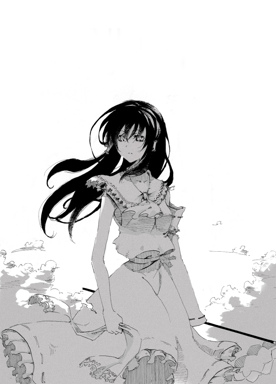 cosmic (crownclowncosmic), hakurei reimu, touhou, bad id, bad pixiv id, highres, 1girl, female focus, greyscale, hair down, long hair, monochrome, outdoors, skirt, sky, solo, white background