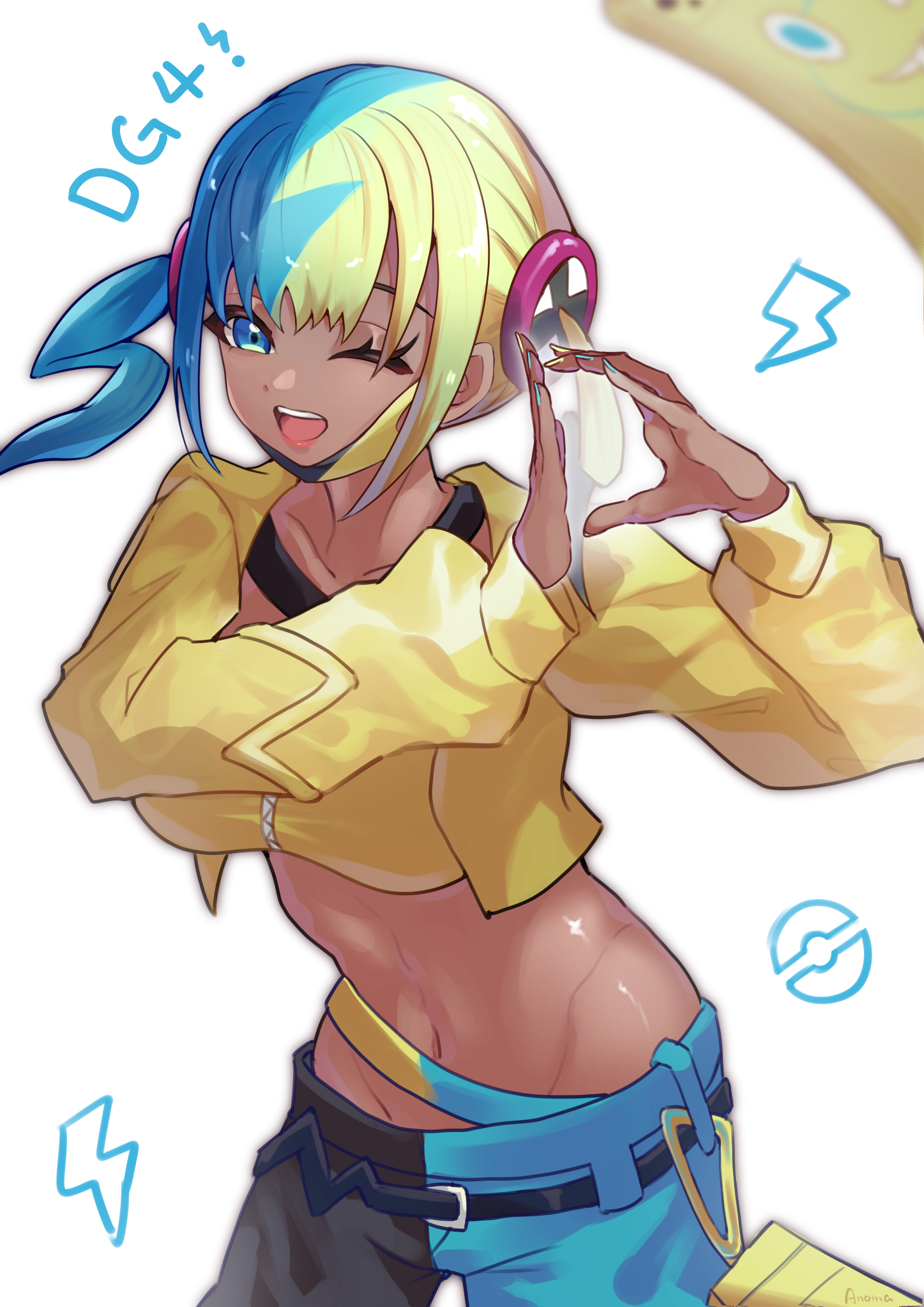 anoma (anomamama), canari (pokemon), rotom, rotom phone, nintendo, pokemon, pokemon legends: z-a, commentary request, highres, 1girl, :d, bandeau, belt, black belt, blue eyes, cropped jacket, eyelashes, gen 4 pokemon, hands up, happy, jacket, lightning bolt symbol, long sleeves, multicolored hair, nail polish, navel, one eye closed, open clothes, open jacket, open mouth, pants, smile, solo, teeth, twintails, upper teeth only, white background, yellow bandeau, yellow jacket, zipper