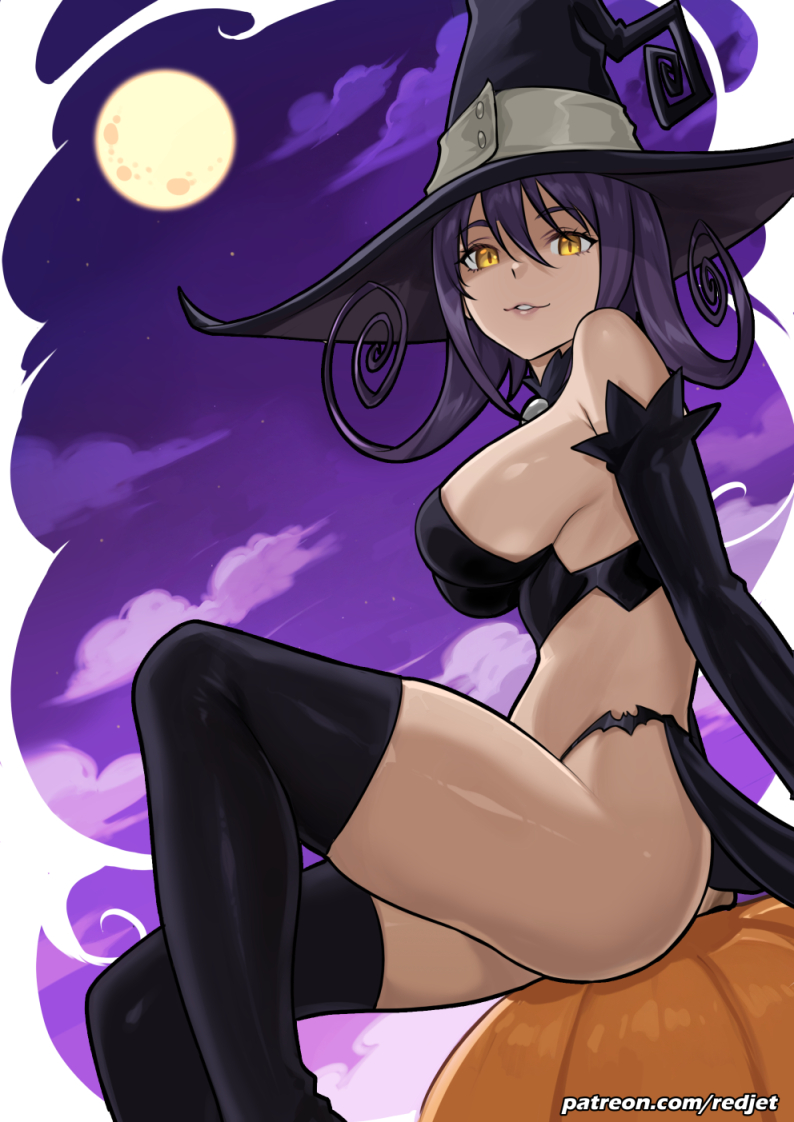 redjet, blair (soul eater), soul eater, commentary, 1girl, bikini, black bikini, black hat, black thighhighs, breasts, cloud, curly hair, full moon, halloween, hat, large breasts, looking at viewer, moon, night, night sky, outdoors, pumpkin, purple hair, purple sky, short hair, sitting, sky, solo, swimsuit, thighhighs, witch hat, yellow eyes