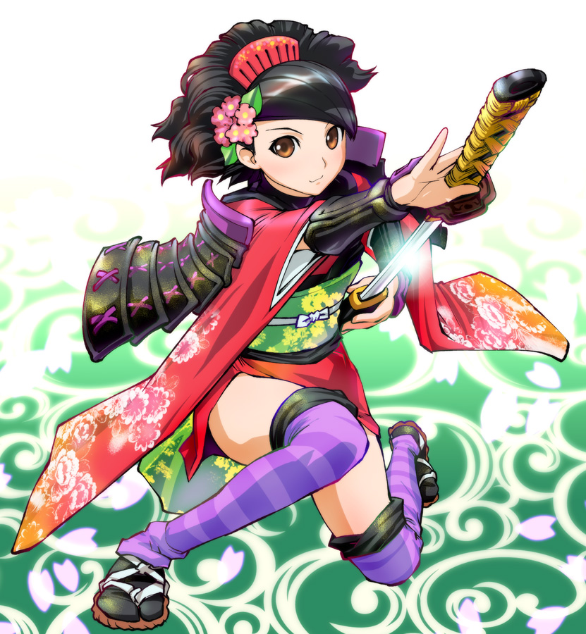 ueyama michirou, momohime, oboro muramasa, vanillaware, 1girl, armor, black hair, black thighhighs, brown eyes, comb, dress, female focus, fighting stance, floral print, gauntlets, japanese armor, japanese clothes, katana, kimono, kote, leg warmers, obi, patterned legwear, print dress, print kimono, purple thighhighs, sash, sheath, short kimono, shoulder armor, sode, solo, striped clothes, striped thighhighs, sword, tabi, thighhighs, unsheathing, weapon, yukata