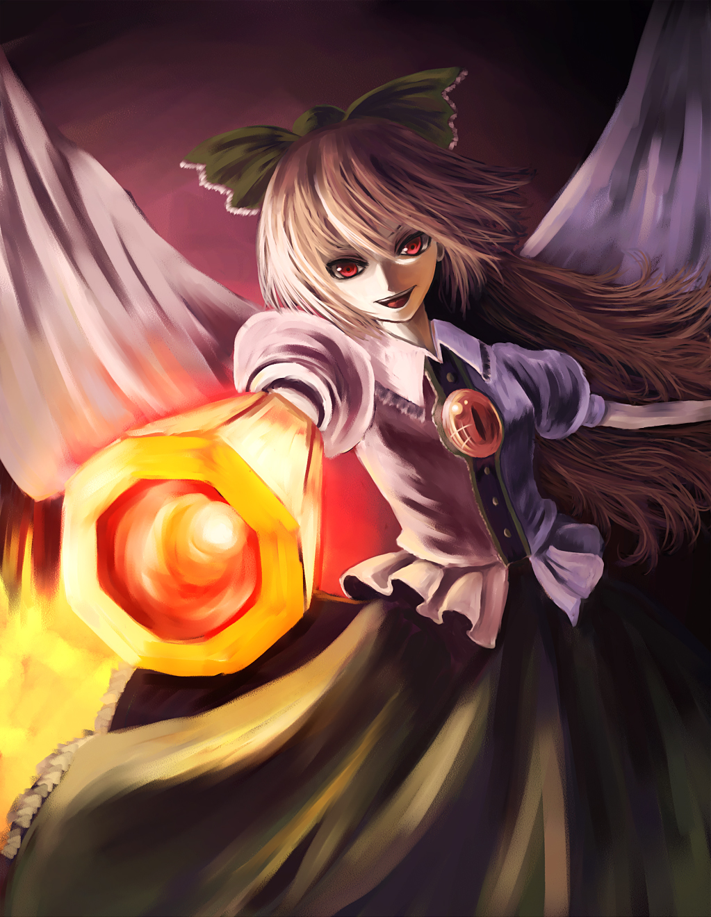 parsley-f, reiuji utsuho, touhou, bad id, bad pixiv id, highres, 1girl, arm cannon, bow, female focus, gradient background, green bow, long hair, red eyes, skirt, solo, weapon, wings