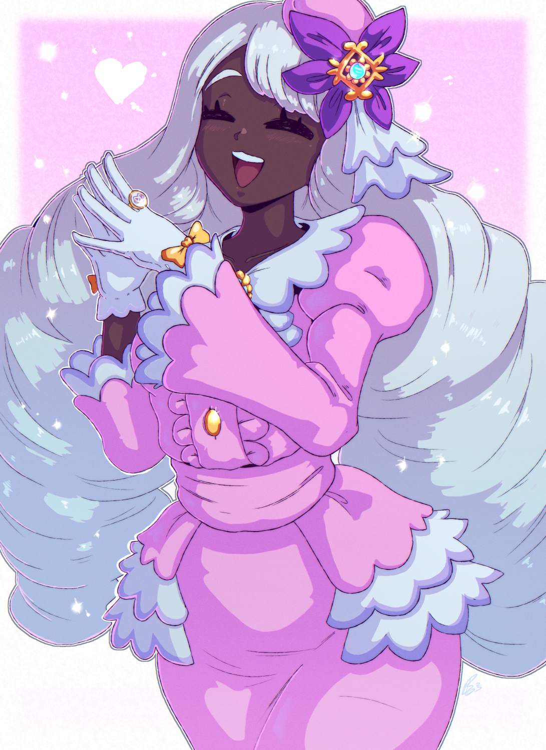 artbenbeau, jacinthe (pokemon), nintendo, pokemon, pokemon legends: z-a, commentary, highres, 1girl, :d, bow, closed eyes, cowboy shot, dark-skinned female, dark skin, dress, eyelashes, gloves, grey hair, hair ornament, hands up, happy, heart, jewelry, long hair, long sleeves, open mouth, puffy sleeves, ring, smile, solo, teeth, tongue, upper teeth only, yellow bow