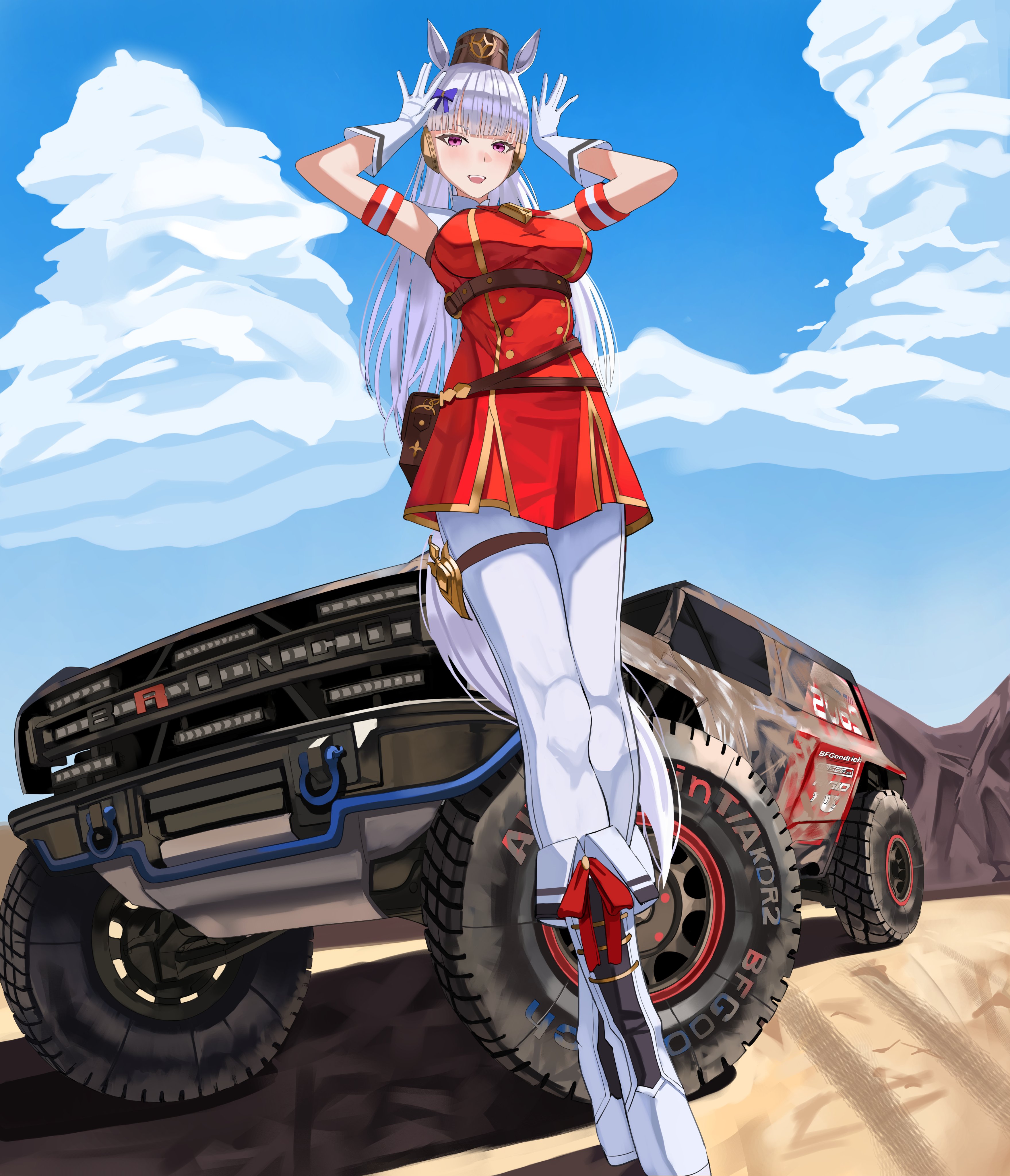 irv v12, gold ship (red strife) (umamusume), gold ship (umamusume), ford, umamusume, absurdres, highres, 1girl, animal ears, armband, arms up, belt pouch, blue sky, blunt bangs, blush, boots, bow, bowtie, breasts, brown hat, car, cloud, dress, ear bow, ford bronco, gloves, grey hair, hat, horse ears, horse girl, horse tail, large breasts, leggings, long hair, looking at viewer, motor vehicle, open mouth, outdoors, pantyhose, pillbox hat, pouch, purple bow, purple eyes, red armband, red bow, red bowtie, red dress, sky, sleeveless, sleeveless dress, smile, solo, striped armband, striped clothes, tail, thigh strap, white armband, white boots, white gloves, white leggings, white pantyhose