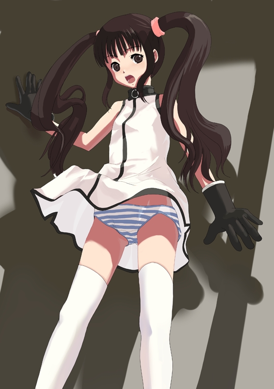 natori (natorism), brown hair, dress, gloves, panties, pantyshot, solo, striped clothes, striped panties, thighhighs, twintails, underwear