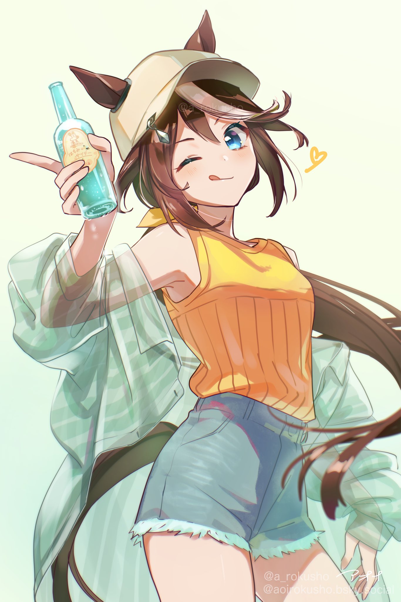 aoi rokushou, tokai teio (umamusume), umamusume, highres, 1girl, animal ears, blue eyes, blue shorts, blush, bottle, breasts, brown hair, closed mouth, denim, denim shorts, ears through headwear, hair between eyes, hat, heart, holding, holding bottle, horse ears, horse girl, horse tail, jacket, long hair, looking at viewer, multicolored hair, official alternate costume, one eye closed, open clothes, open jacket, ponytail, see-through clothes, see-through jacket, shirt, shorts, sleeveless, sleeveless shirt, smile, solo, streaked hair, tail, tongue, tongue out, two-tone hair, white hair, yellow shirt