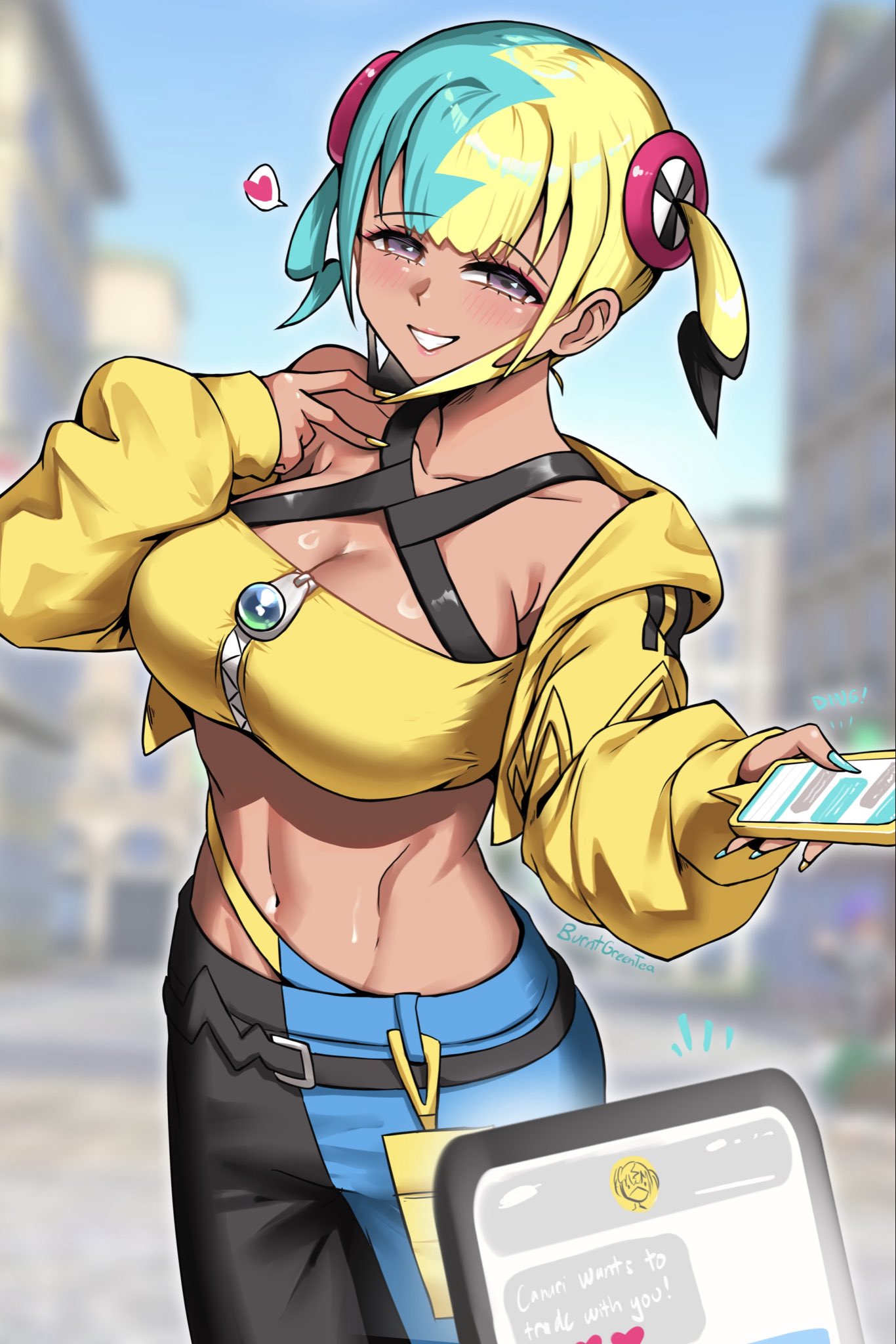 burnt green tea, canari (pokemon), rotom, rotom phone, nintendo, pokemon, pokemon legends: z-a, highres, 1girl, aqua hair, bandeau, belt, black belt, black mask, black pants, blonde hair, blue pants, blush, breasts, cleavage, collarbone, dark-skinned female, dark skin, day, gen 4 pokemon, heart, holding, holding phone, jacket, large breasts, long sleeves, looking at viewer, mask, mask pull, mega stone, mouth mask, multicolored hair, navel, open mouth, outdoors, pants, phone, pokemon (creature), pov, purple eyes, short twintails, smile, solo focus, speech bubble, split-color hair, sports bra, teeth, text messaging, twintails, two-tone hair, two-tone mask, two-tone pants, yellow bandeau, yellow jacket, yellow mask, yellow sports bra