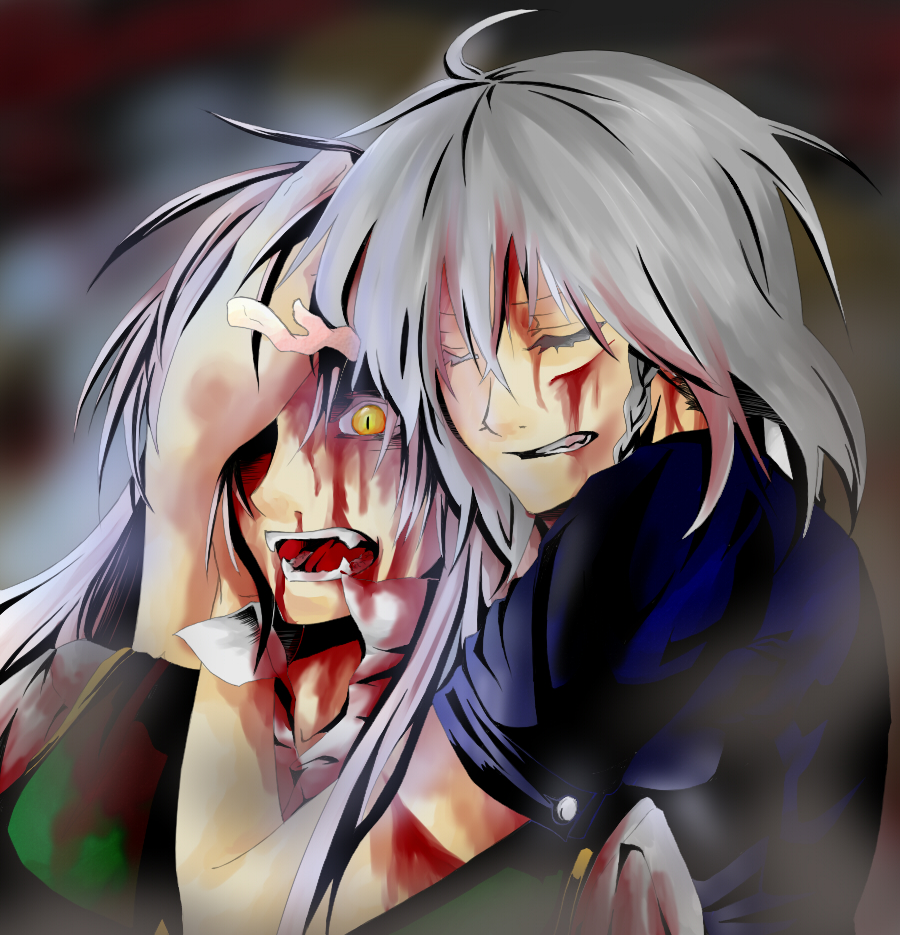 inu tsuki, ex-meiling, hong meiling, izayoi sakuya, touhou, silver hair, bad id, bad pixiv id, 2girls, blood, braid, closed eyes, fangs, female focus, hug, hug from behind, injury, multiple girls, open mouth, slit pupils, yellow eyes