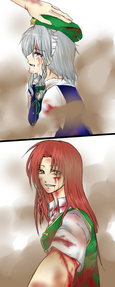 inu tsuki, hong meiling, izayoi sakuya, immaterial and missing power, touhou, silver hair, bad id, bad pixiv id, 2girls, blood, blue eyes, braid, female focus, gradient background, hairband, hat, long hair, multiple girls, red hair, short hair, tears, unworn hat, unworn headwear, upper body, white background, yellow eyes