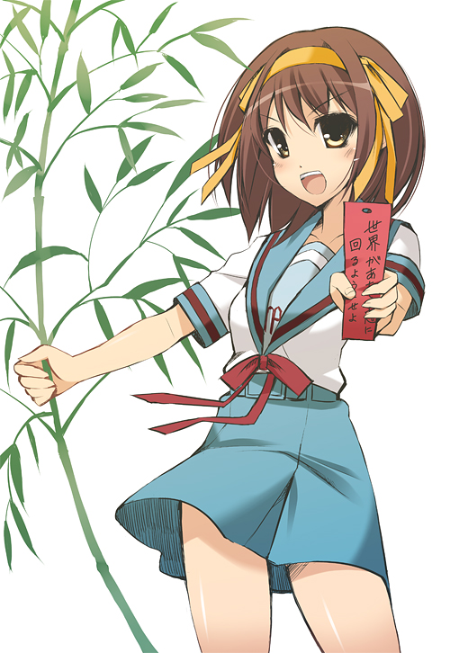 ohta yuichi, suzumiya haruhi, suzumiya haruhi no yuuutsu, 00s, 1girl, bamboo, brown hair, female focus, hairband, school uniform, serafuku, short hair, solo, tanabata, tanzaku