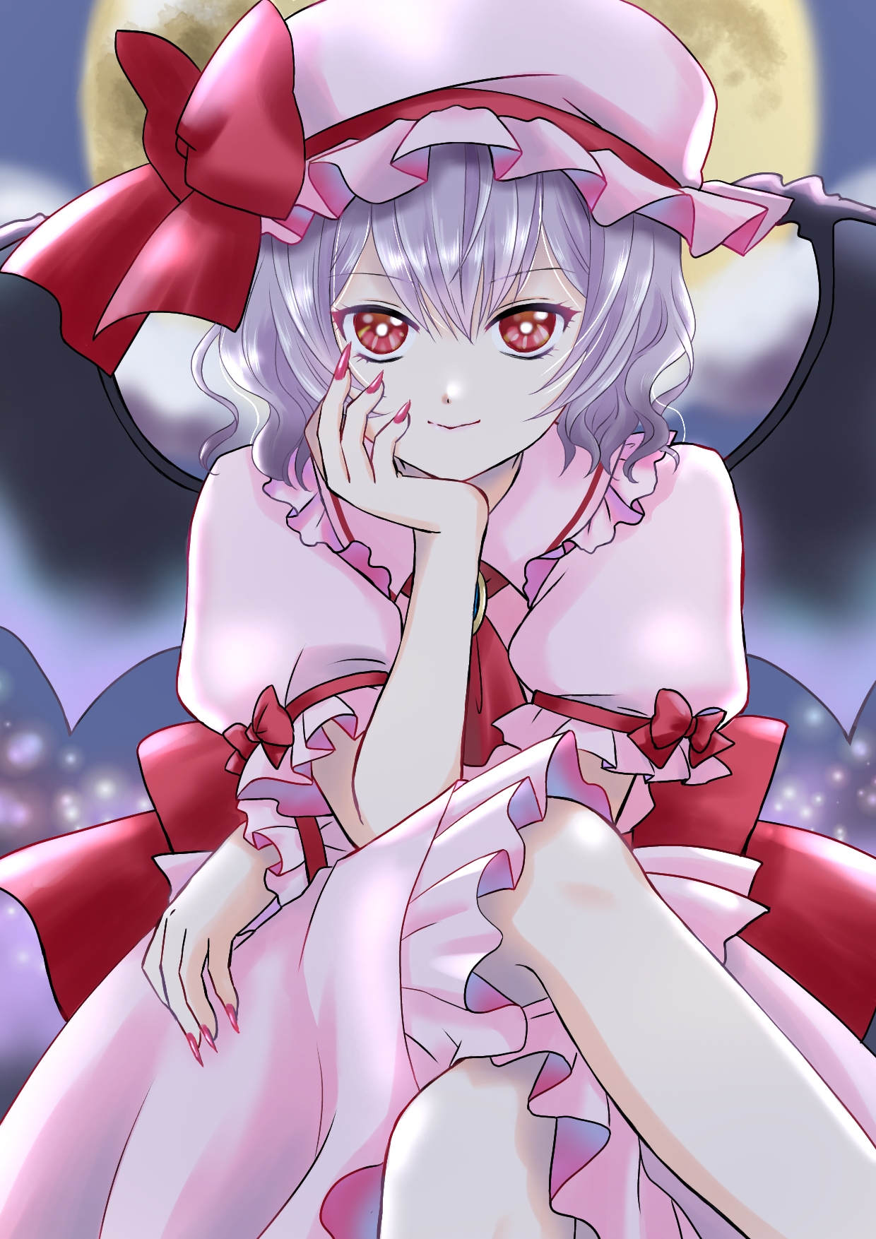 remilia scarlet, touhou, commentary, highres, 1girl, ascot, back bow, bat wings, bow, brooch, closed mouth, collared shirt, crossed legs, fingernails, frilled shirt collar, frills, fukumaru (pixiv 75983091), full moon, hat, hat bow, jewelry, long fingernails, long hair, looking at viewer, mob cap, moon, pink hat, pink shirt, pink skirt, puffy short sleeves, puffy sleeves, purple hair, red ascot, red bow, red eyes, sharp fingernails, shirt, short sleeves, single wrist cuff, skirt, sleeve bow, smile, solo, wings, wrist cuffs