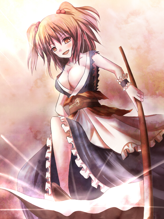 non (nobu), onozuka komachi, touhou, 1girl, breasts, cleavage, dress, female focus, gradient background, large breasts, red eyes, red hair, scythe, short hair, solo, twintails, two side up