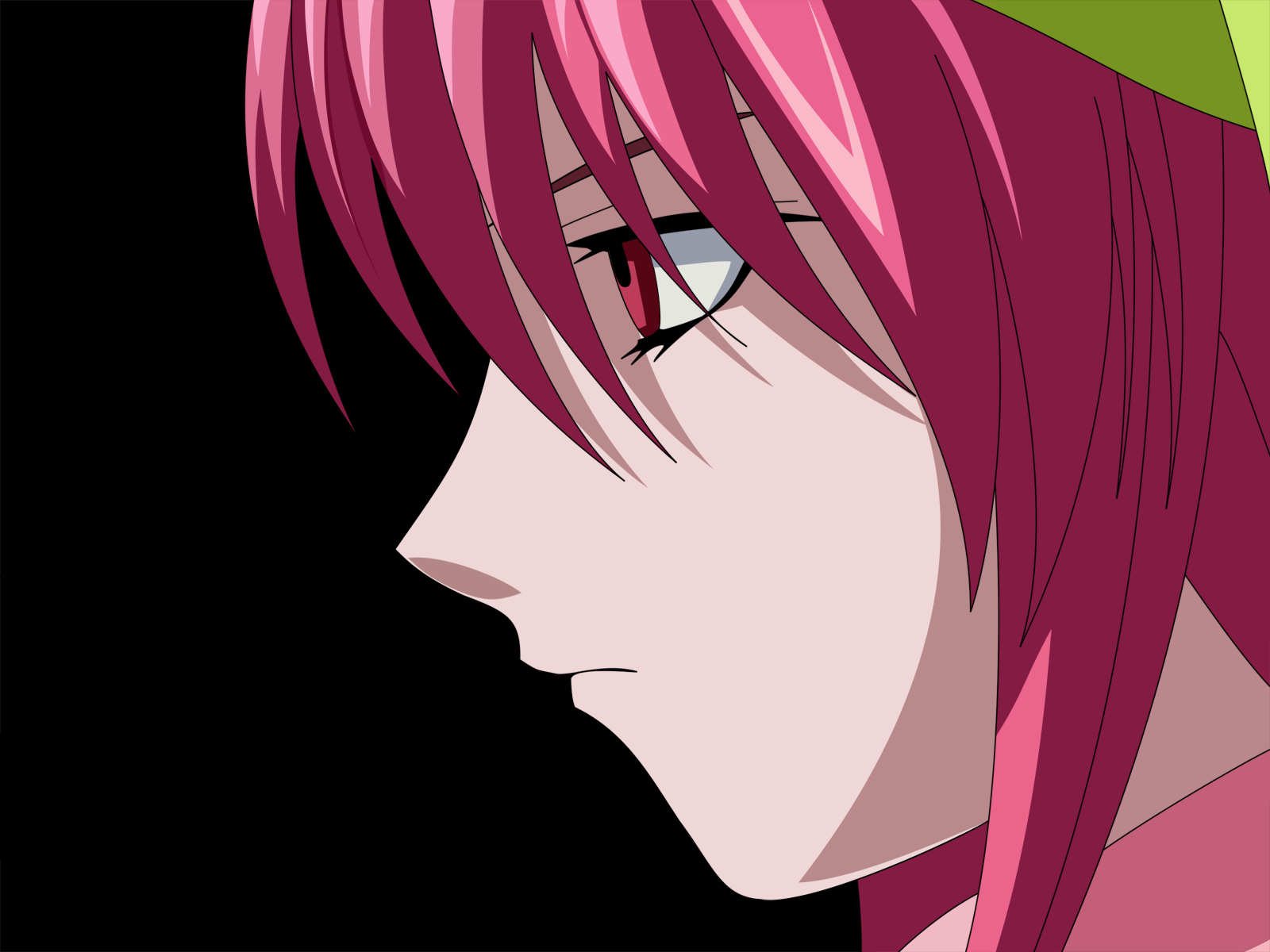 lucy (elfen lied), elfen lied, magenta eyes, derivative work, highres, vector trace, 00s, 1girl, close-up, female focus, frown, pink eyes, pink hair, solo
