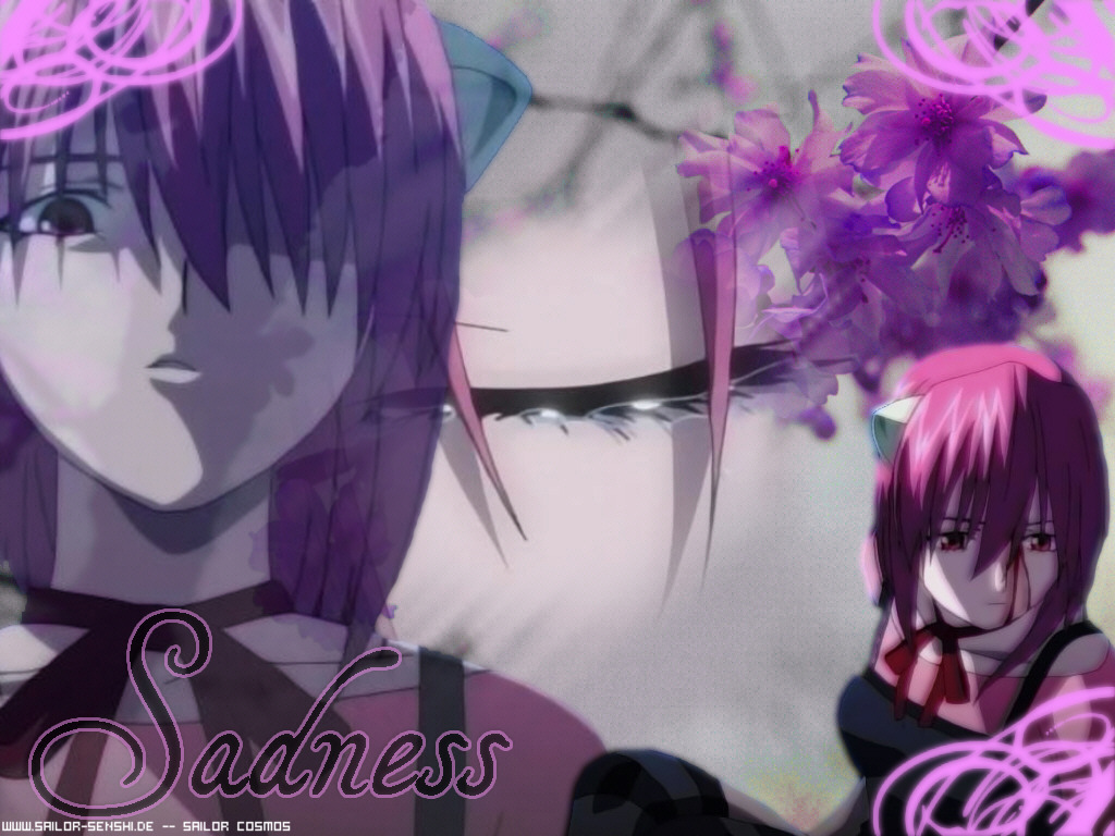 lucy (elfen lied), elfen lied, third-party edit, 00s, 1girl, blood, choker, closed eyes, dress, flower, hair over one eye, horns, pink eyes, pink hair, red eyes, short hair, tears, watermark