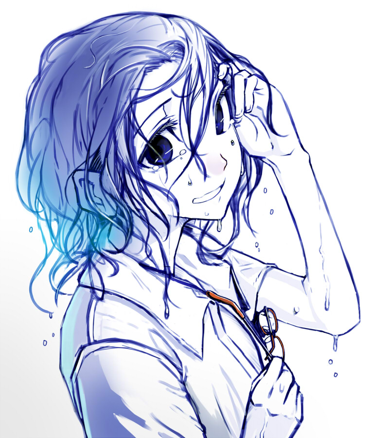 kahadu (kawazu), original, bad id, bad pixiv id, 1girl, blue hair, blue theme, female focus, glasses, holding, holding removed eyewear, messy hair, monochrome, red-framed eyewear, smile, solo, spot color, tears, unworn eyewear, wet