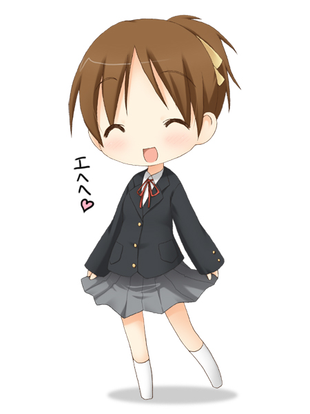 kohinata sora, hirasawa ui, k-on!, translated, 00s, 1girl, brown hair, chibi, closed eyes, female focus, ponytail, school uniform, short hair, solo, white background