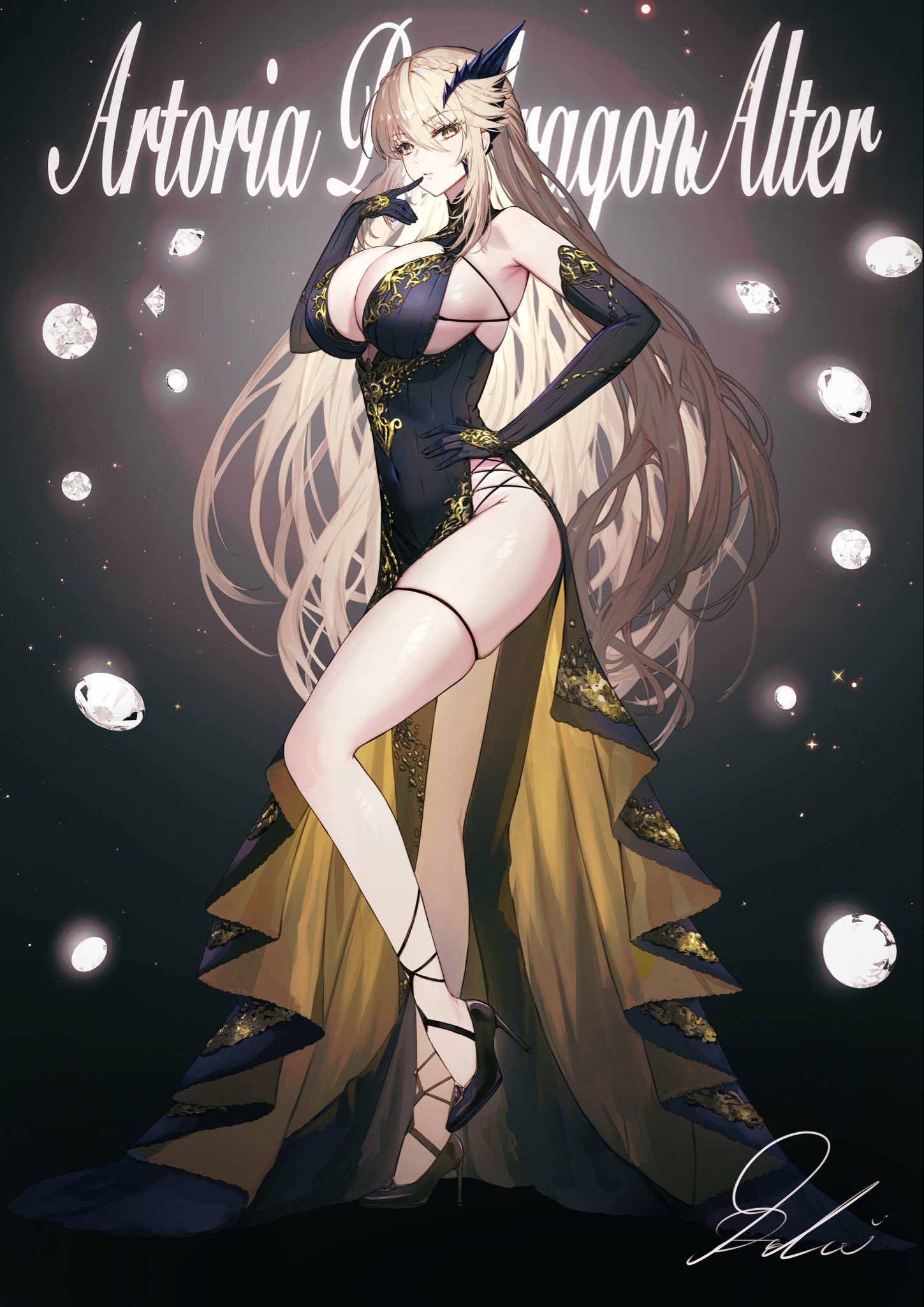 dolce (dolsuke), artoria pendragon (celebratory attire) (fate), artoria pendragon (fate), artoria pendragon (lancer alter) (fate), fate/grand order, fate (series), commission, highres, 1girl, black dress, blonde hair, breasts, character name, cleavage, diamond (shape), dress, elbow gloves, gloves, hair between eyes, horns, large breasts, long hair, looking at viewer, signature, standing, standing on one leg, thighs, yellow eyes