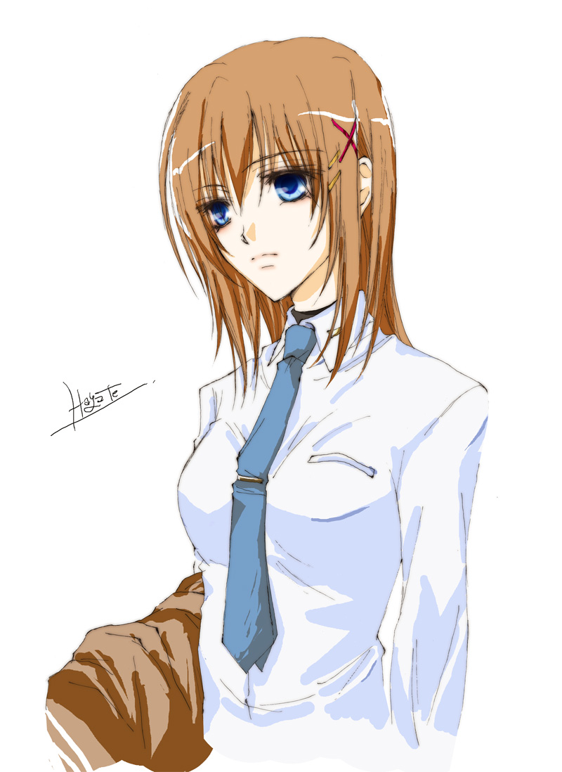 lina (interlude), yagami hayate, lyrical nanoha, mahou shoujo lyrical nanoha, mahou shoujo lyrical nanoha strikers, 00s, 1girl, blue eyes, brown hair, female focus, hair ornament, hairclip, military, military uniform, necktie, solo, x hair ornament