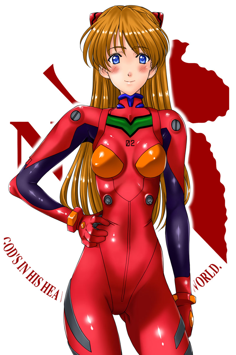 kamia (not found), souryuu asuka langley, neon genesis evangelion, highres, 1girl, blue eyes, blush, bodysuit, bracer, breasts, brown hair, contrapposto, cosplay, cowboy shot, english text, female focus, gloves, hair ornament, hand on own hip, light smile, logo, looking at viewer, mecha pilot suit, nerv, plugsuit (cosplay), plugsuit (evangelion), shiny clothes, skinny, small breasts, smile, solo, standing, white background