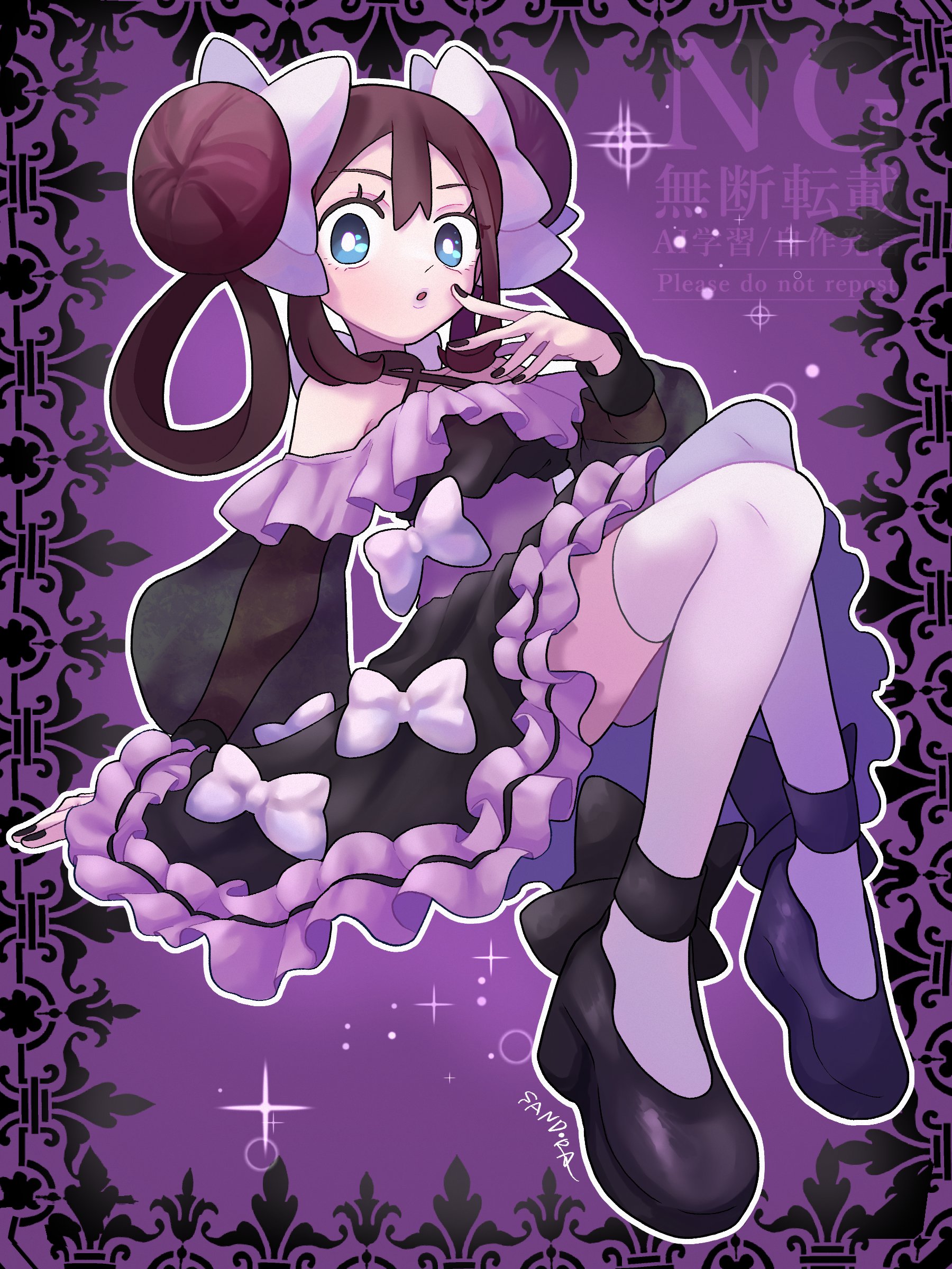 sandora (karugamo no e), rosa (pokemon), nintendo, pokemon, pokemon bw2, absurdres, highres, 1girl, :o, alternate costume, alternate hairstyle, black border, black bow, black dress, black nails, black shoes, blue eyes, border, bow, bright pupils, brown hair, criss-cross halter, donut hair bun, double bun, dress, dress bow, footwear bow, frilled dress, frills, full body, gothic lolita, hair bow, hair bun, halloween costume, halterneck, hand to own mouth, hand up, invisible chair, knees up, lipstick, lolita fashion, long sleeves, makeup, nail polish, off-shoulder dress, off shoulder, parted lips, platform shoes, puffy long sleeves, puffy sleeves, purple background, purple bow, purple lips, see-through clothes, see-through sleeves, shoes, short dress, sidelocks, sitting, solo, star (sky), thighhighs, white pupils, white thighhighs