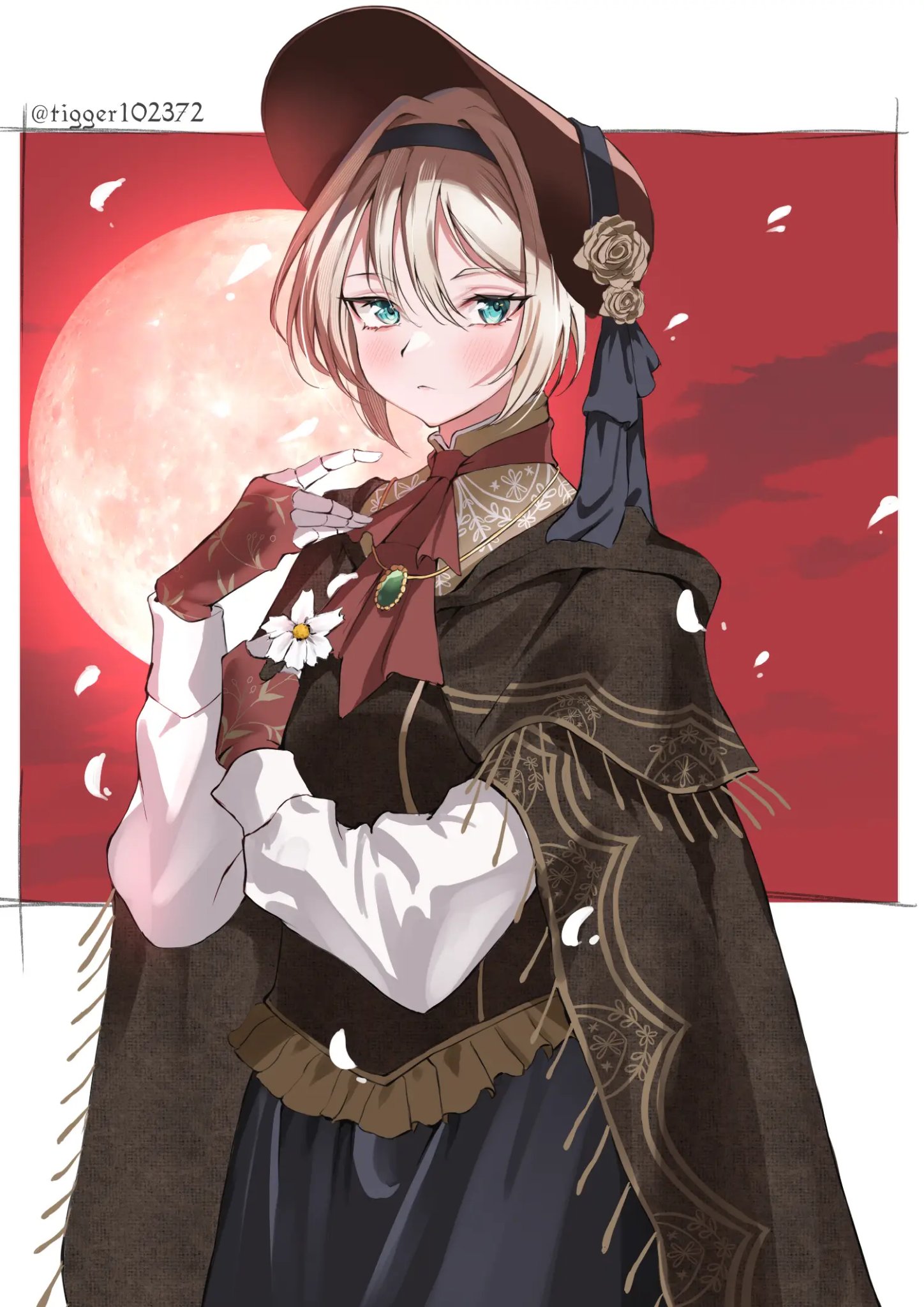 tigger drawing, an-94 (girls' frontline), plain doll, bloodborne, girls' frontline, commentary, english commentary, highres, 1girl, ascot, black hairband, blonde hair, blush, bonnet, brooch, brown bonnet, brown cloak, cloak, cosplay, cowboy shot, doll joints, fingerless gloves, gloves, green eyes, hairband, jewelry, joints, long sleeves, looking at viewer, moon, plain doll (cosplay), red ascot, red moon, solo, twitter username