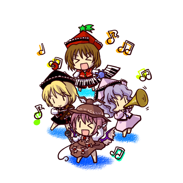 socha, lunasa prismriver, lyrica prismriver, merlin prismriver, mystia lorelei, touhou, > <, 4girls, blonde hair, chibi, closed eyes, female focus, instrument, keyboard (instrument), microphone, multiple girls, music, musical note, one eye closed, simple background, singing, trumpet, violin, | |