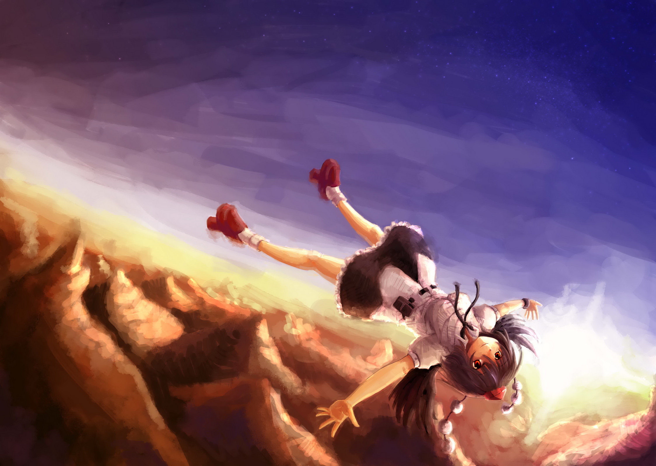 r2sais, shameimaru aya, touhou, bad id, bad pixiv id, highres, 1girl, female focus, flying, geta, looking up, sky, smile, solo, sunset, tengu-geta
