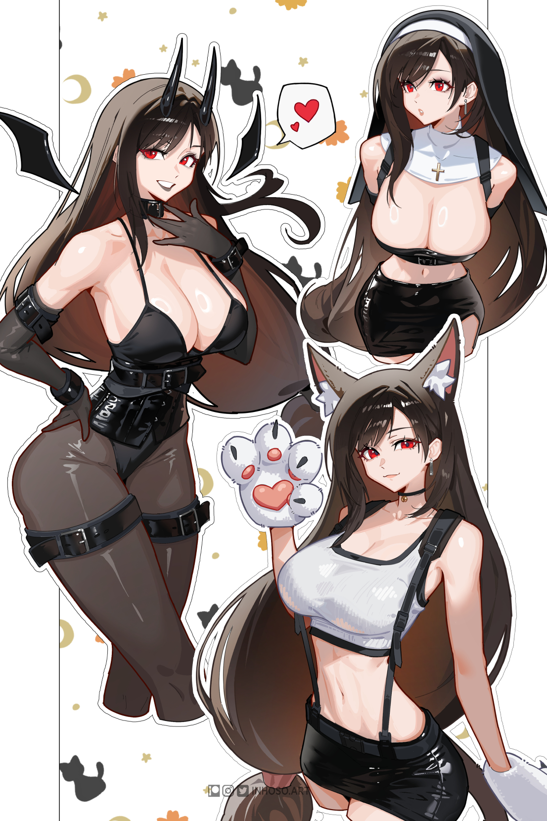 inhoso, tifa lockhart, final fantasy, final fantasy vii, highres, 1girl, animal ear fluff, animal ears, animal hands, black bustier, black choker, black gloves, black hair, black leotard, black pantyhose, black skirt, black veil, breasts, bustier, choker, cleavage, closed mouth, cross, cross earrings, demon girl, demon horns, demon wings, detached collar, earrings, elbow gloves, gloves, grin, hand on own hip, highleg, highleg leotard, horns, jewelry, large breasts, leotard, long hair, looking at viewer, looking to the side, navel, nun, pantyhose, parted lips, red eyes, sidelocks, skirt, smile, stomach, tank top, thigh strap, veil, white tank top, wings