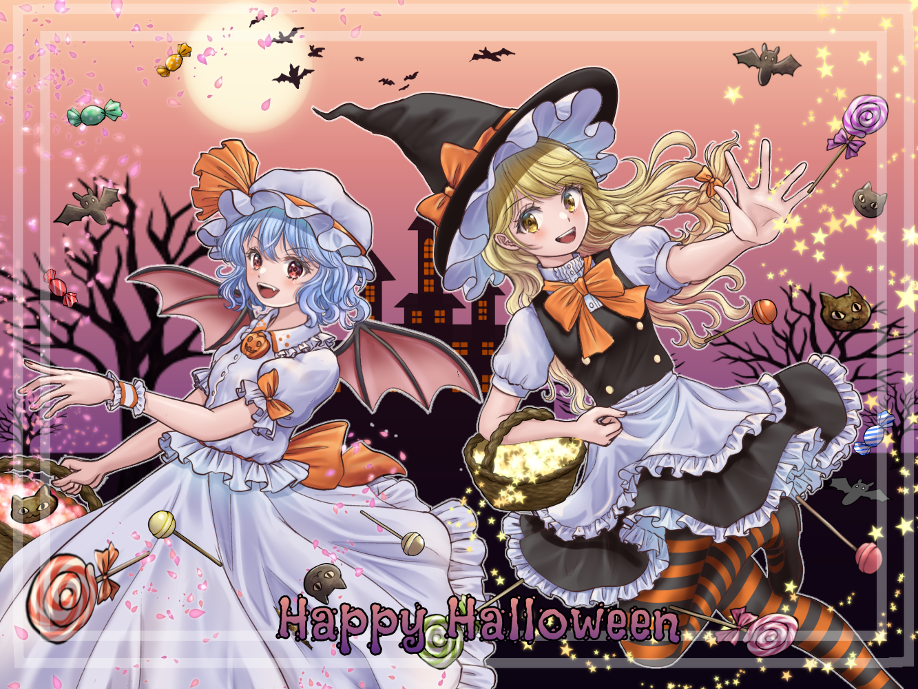 kyabekko, kirisame marisa, remilia scarlet, touhou, commentary request, 2girls, adapted costume, back bow, bare tree, basket, bat (animal), bat wings, black hat, black pantyhose, black shoes, black skirt, black vest, blonde hair, blue hair, bow, bowtie, braid, building, candy, collared shirt, cookie, food, frilled shirt collar, frilled skirt, frills, full moon, hair bow, halloween, halloween costume, happy halloween, hat, hat bow, hat ribbon, jack-o'-lantern, lollipop, long hair, looking at viewer, mob cap, moon, multiple girls, open mouth, orange bow, orange bowtie, orange pantyhose, pantyhose, puffy short sleeves, puffy sleeves, red eyes, ribbon, shirt, shoes, short sleeves, side braid, single braid, skirt, sleeve bow, smile, striped clothes, striped pantyhose, swirl lollipop, tree, two-tone pantyhose, vest, white hat, white shirt, white skirt, wings, witch hat, wrist cuffs, yellow eyes