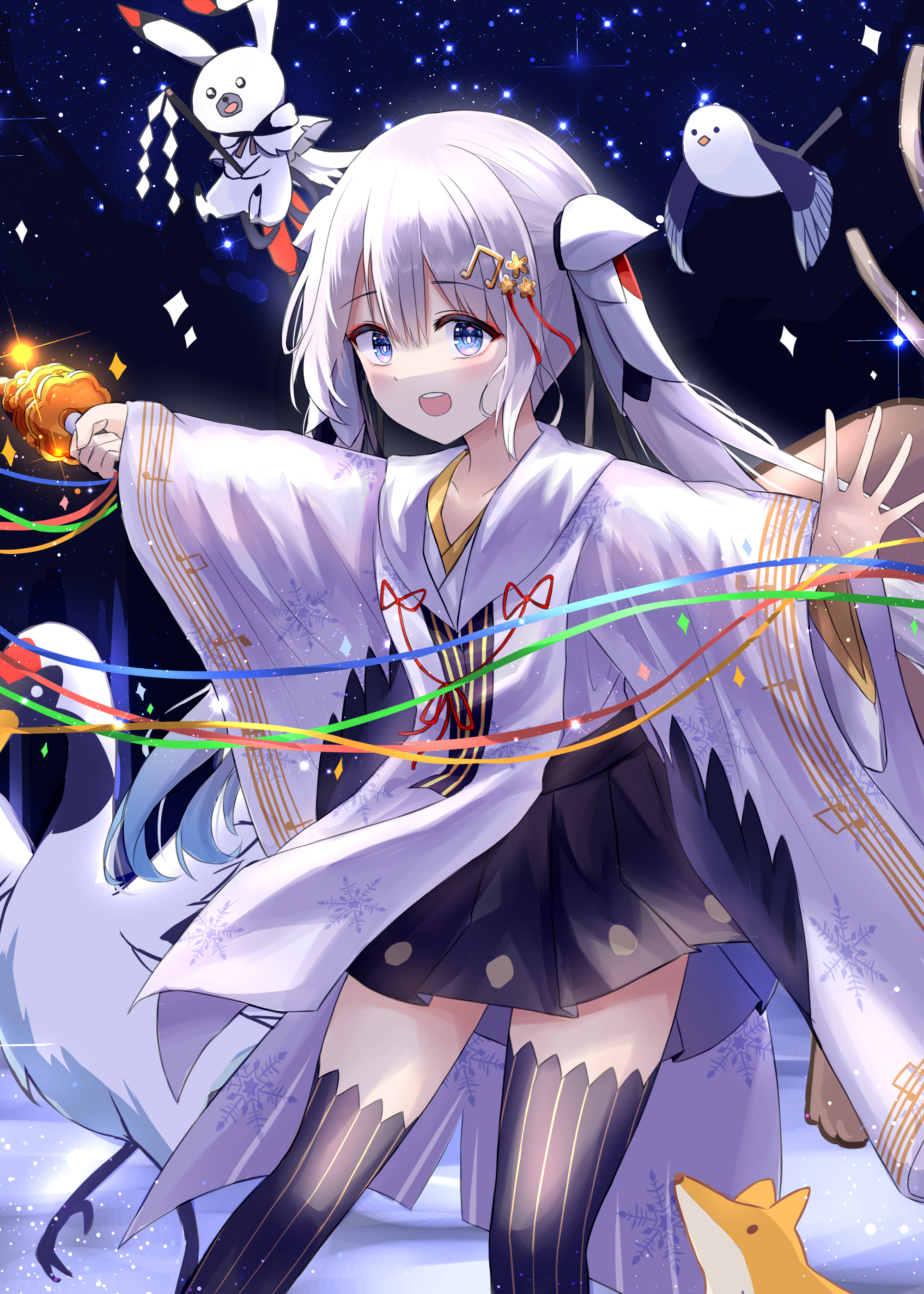 hamu (hvmzld123), hatsune miku, rabbit yukine, yuki miku, yuki miku (2018), vocaloid, absurdres, commentary, highres, 1girl, animal, bell, bird, black skirt, black thighhighs, blue eyes, blue ribbon, blush, chihaya (clothing), collarbone, crane (animal), fortissimo, fox, green ribbon, hair ornament, holding, holding bell, japanese clothes, jingle bell, kagura suzu, long hair, miko, musical note, musical note hair ornament, musical note print, musical staff, musical staff print, official alternate costume, official alternate hairstyle, open mouth, outdoors, outstretched arms, pleated skirt, rabbit, ribbon, skirt, smile, snowflake print, striped clothes, striped thighhighs, thighhighs, twintails, vertical-striped clothes, vertical-striped thighhighs, very long hair, white hair, yellow ribbon