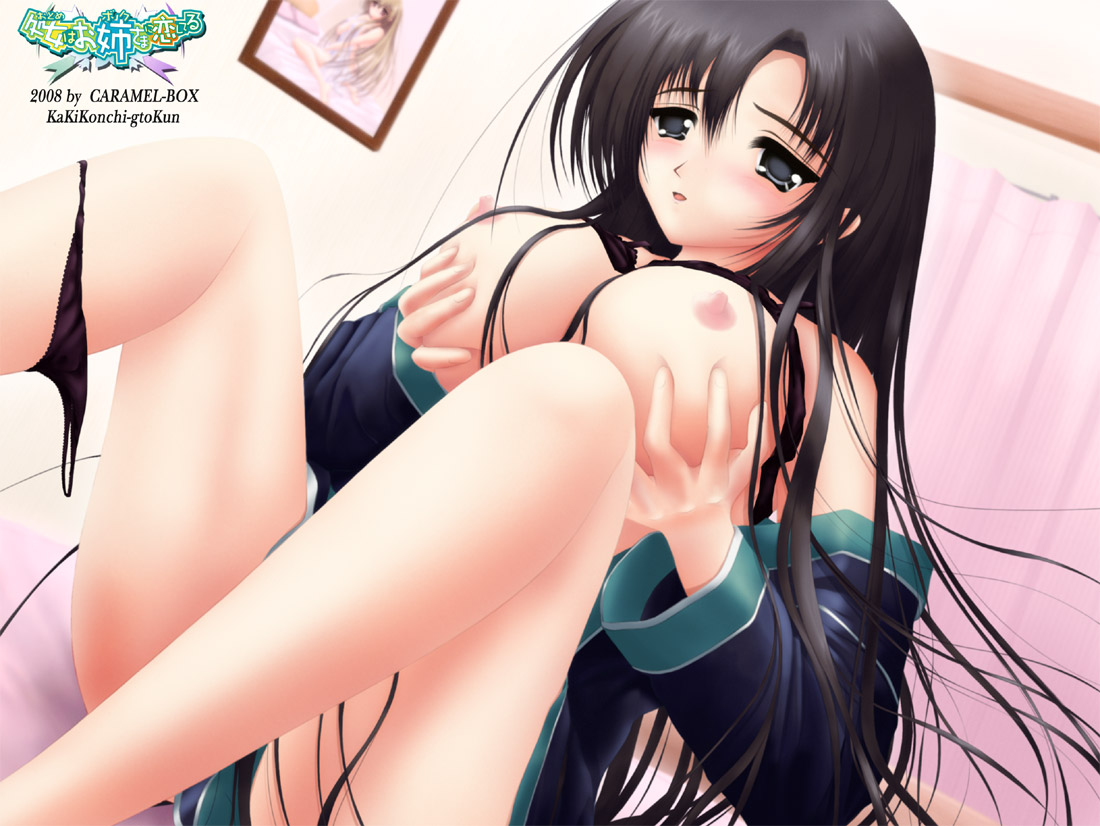 otome wa boku ni koishiteru, breast hold, 00s, 1girl, black hair, breasts, female focus, large breasts, long hair, panties, panties around leg, solo, underwear