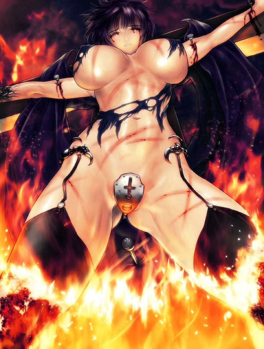 s zenith lee, 1girl, blood, breasts, breasts apart, burning, closed eyes, cowboy shot, cross, crotch plate, crucifixion, demon girl, facing viewer, female focus, fire, from below, guro, inverted cross, large breasts, nail (hardware), nailed, purple hair, scar, solo, stitches, thighhighs, torn clothes, torture, whip marks, wings