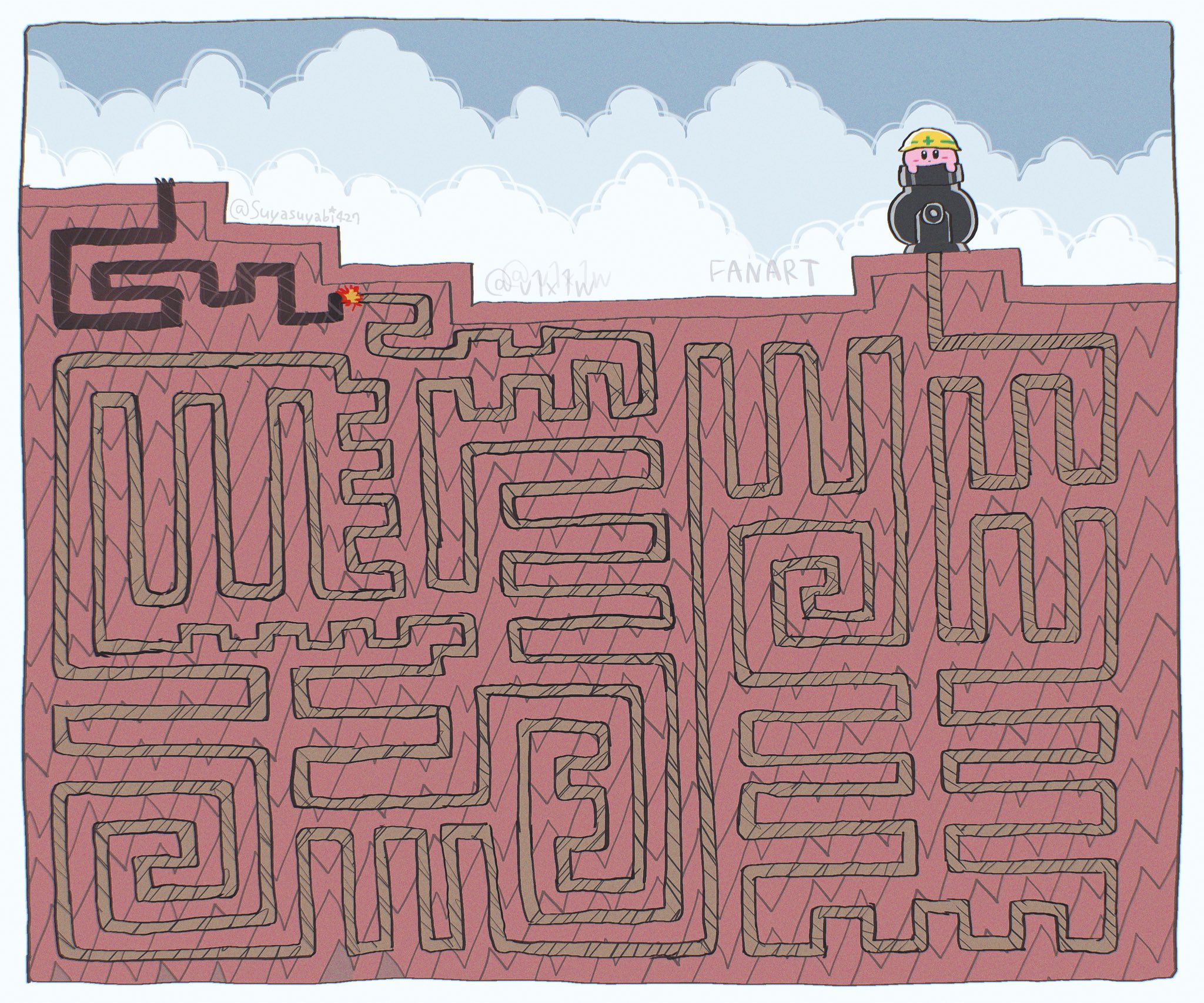 suyasuyabi, kirby, kirby (series), kirby super star, nintendo, highres, cannon, cloud, day, gameplay mechanics, hard hat, helmet, lit fuse, outdoors, solo, waiting