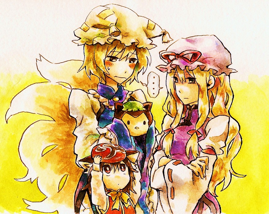 shinoasa, chen, yakumo ran, yakumo yukari, touhou, nib pen (medium), painting (medium), pen (medium), traditional media, watercolor (medium), 3girls, animal ears, animal hat, blonde hair, brown hair, cat ears, cat girl, cat tail, female focus, fox tail, hat, hat ribbon, long hair, long sleeves, mask, mob cap, multiple girls, multiple tails, ribbon, short hair, tail, tassel, wide sleeves